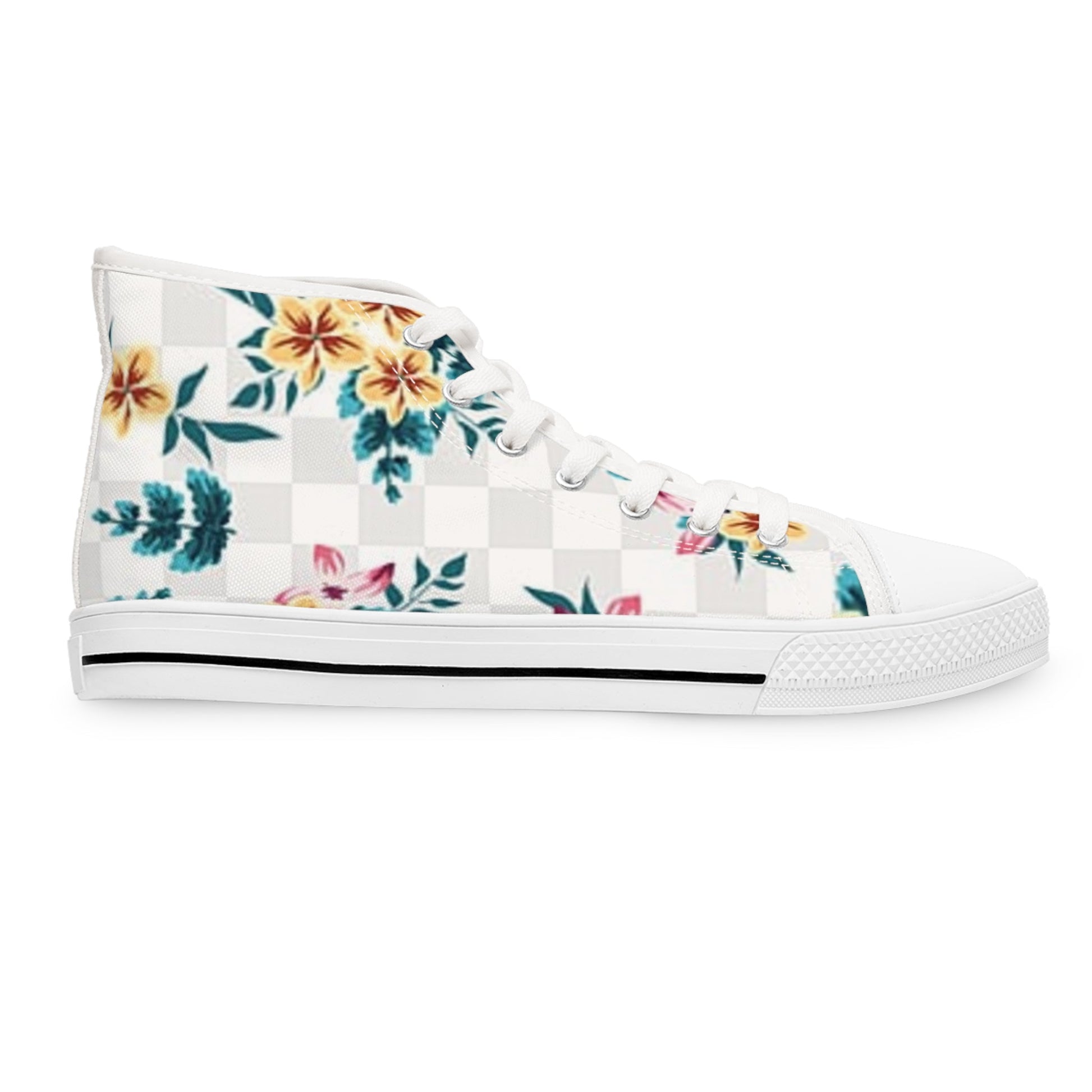 Checkerboard Floral High-Top Sneakers, Artsulli - Art is Long, Life is Short, Shoes, , , , , , , 
