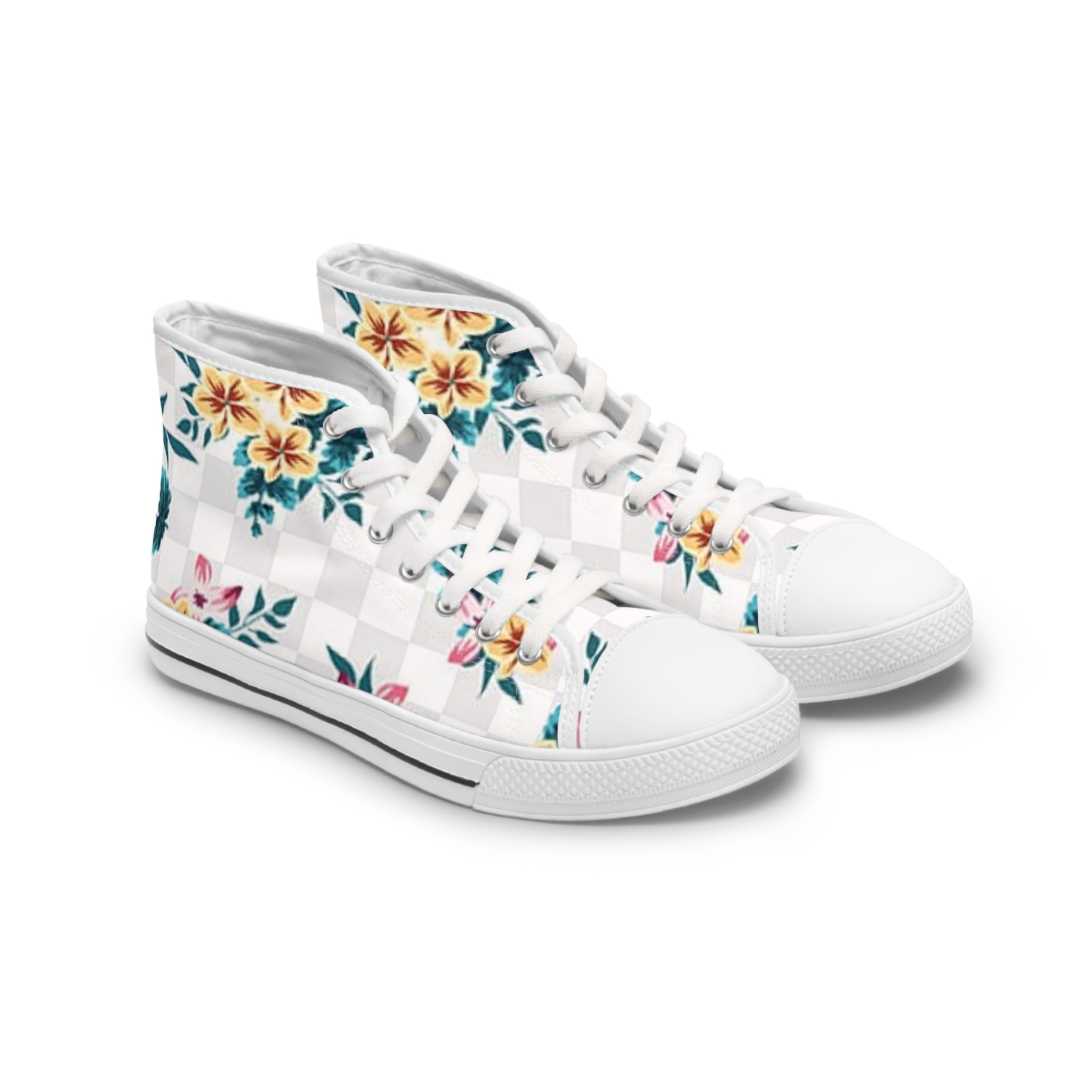 Checkerboard Floral High-Top Sneakers, Artsulli - Art is Long, Life is Short, Shoes, Size, US 5.5, Color, White sole, , , 20414141837135853842