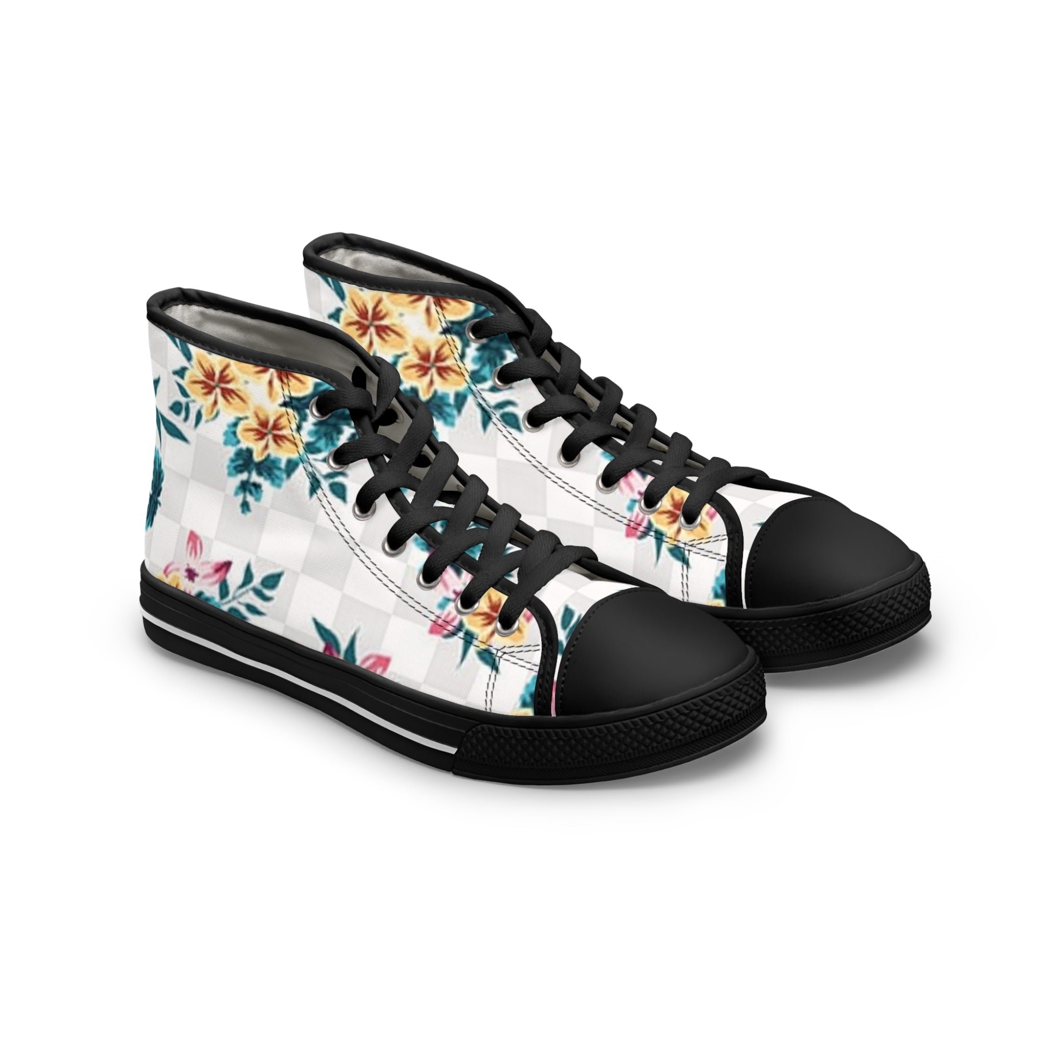 Checkerboard Floral High-Top Sneakers, Artsulli - Art is Long, Life is Short, Shoes, Size, US 5.5, Color, Black sole, , , 16704980642156672354