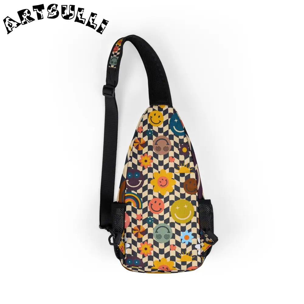 Checkerboard Smiley Flower Chest Bag, Artsulli - Art is Long, Life is Short, Bags, , , , , , , 