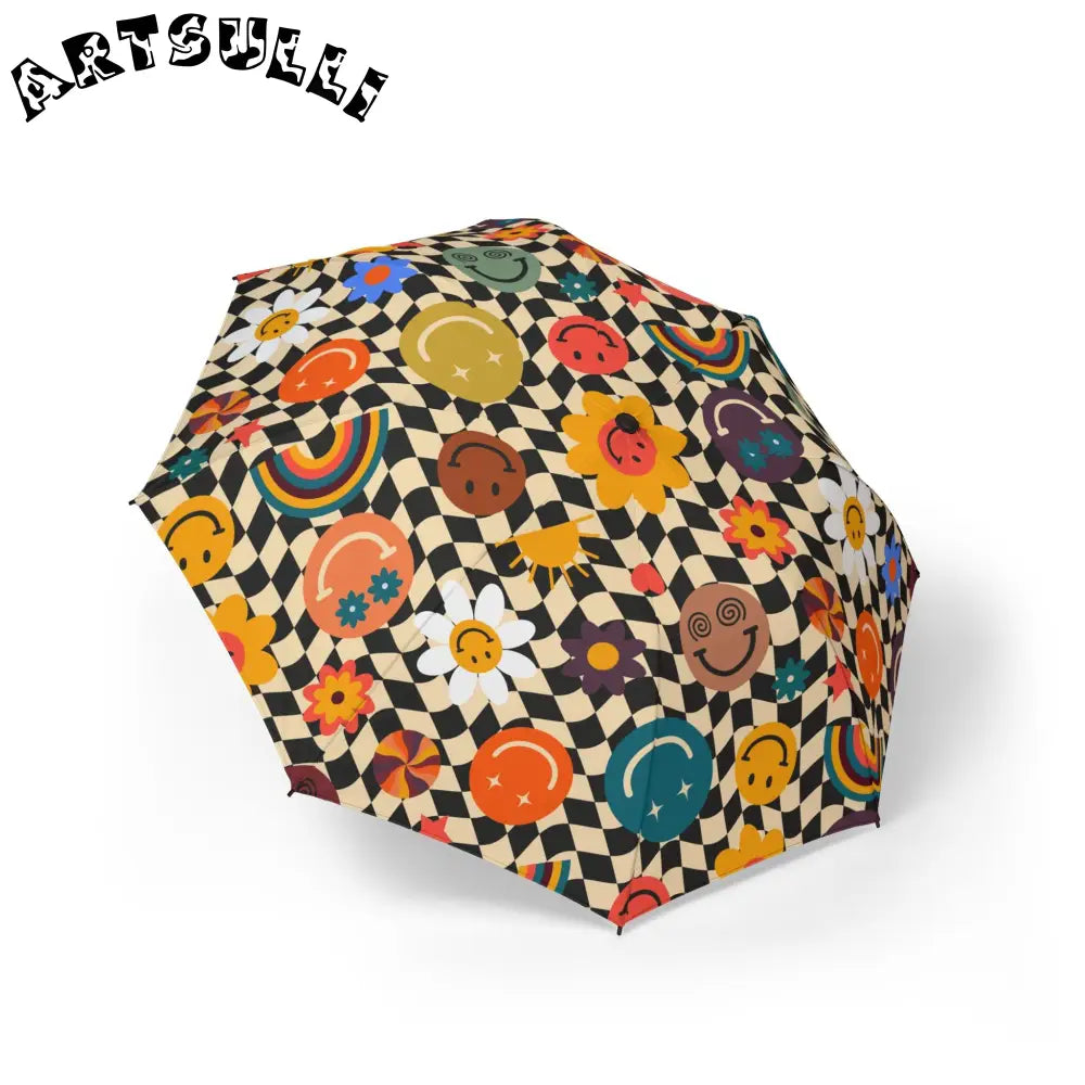 Checkerboard Smiley Rainbow Umbrella, Artsulli - Art is Long, Life is Short, Accessories, Size, One size, , , , , 58838371732078289294