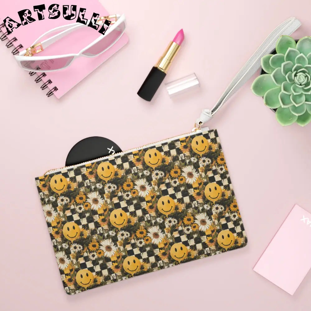 Checkerboard Sunflower Smile Art Printed Clutch Bag, Artsulli - Art is Long, Life is Short, Bags, , , , , , , 