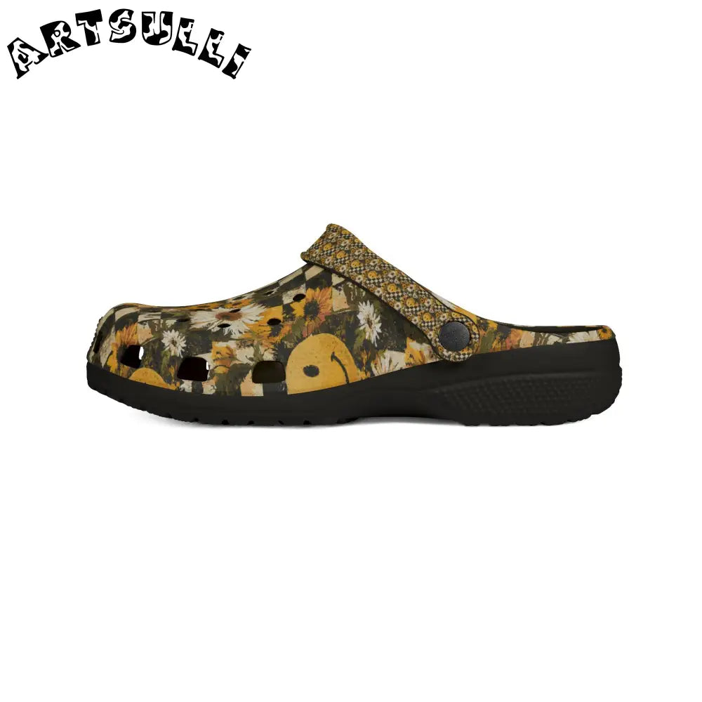 Checkerboard Sunflower Smiley EVA Foam Clogs, Artsulli - Art is Long, Life is Short, Shoes, , , , , , , 