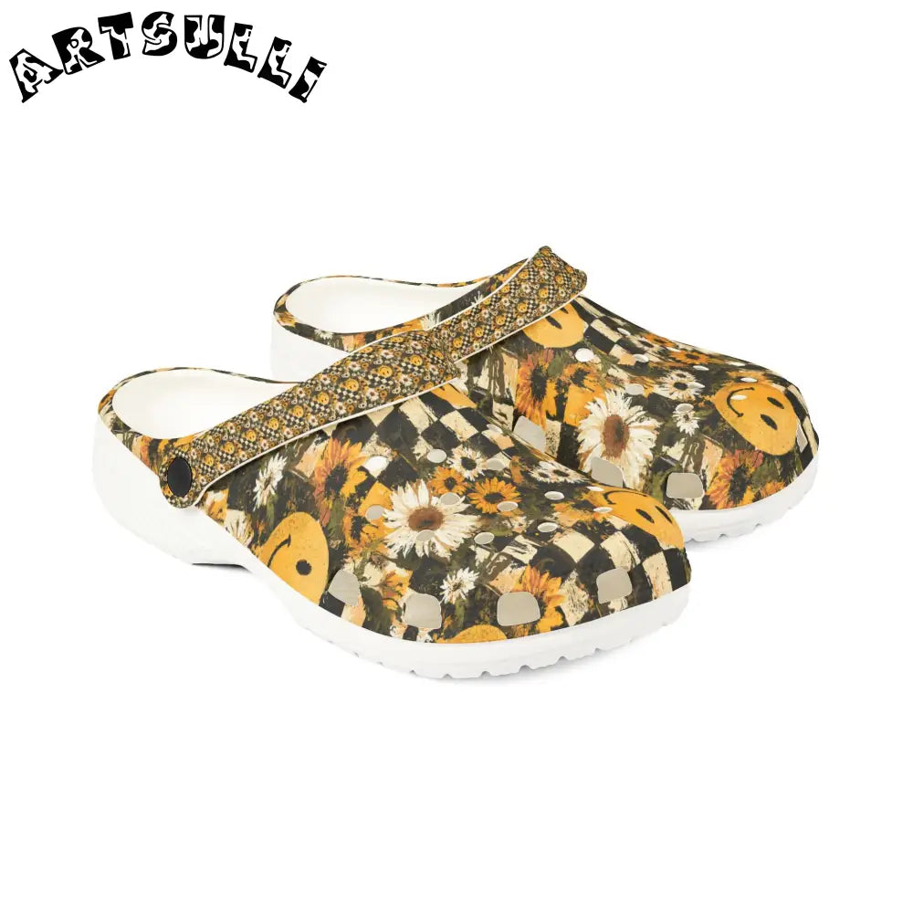 Checkerboard Sunflower Smiley EVA Foam Clogs, Artsulli - Art is Long, Life is Short, Shoes, , , , , , , 
