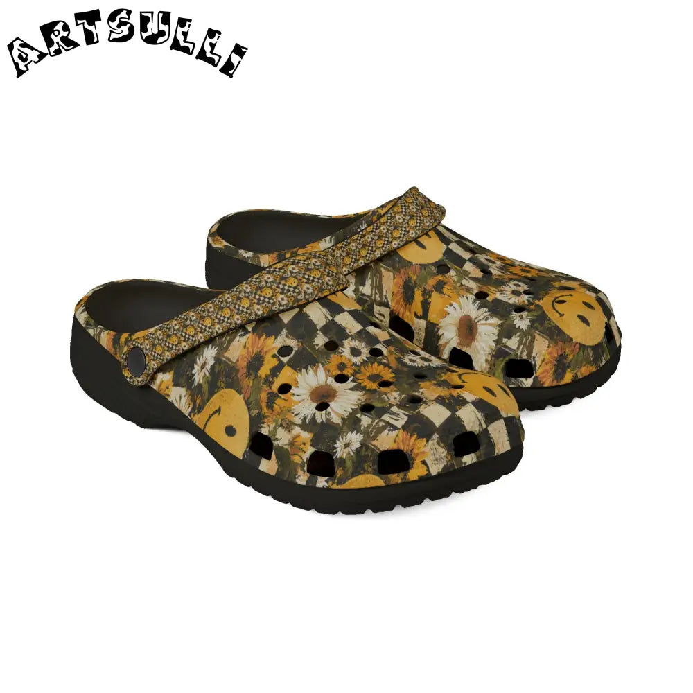 Checkerboard Sunflower Smiley EVA Foam Clogs, Artsulli - Art is Long, Life is Short, Shoes, , , , , , , 