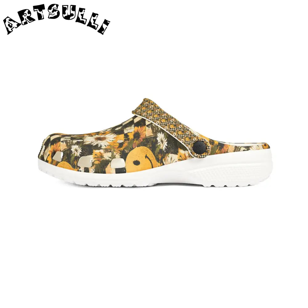 Checkerboard Sunflower Smiley EVA Foam Clogs, Artsulli - Art is Long, Life is Short, Shoes, , , , , , , 