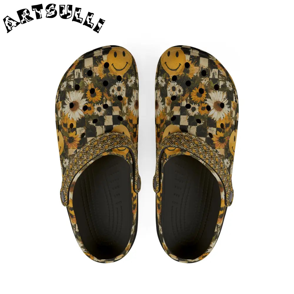 Checkerboard Sunflower Smiley EVA Foam Clogs, Artsulli - Art is Long, Life is Short, Shoes, Size, US 6 (Women's), Color, Black, , , 31435439561863017912