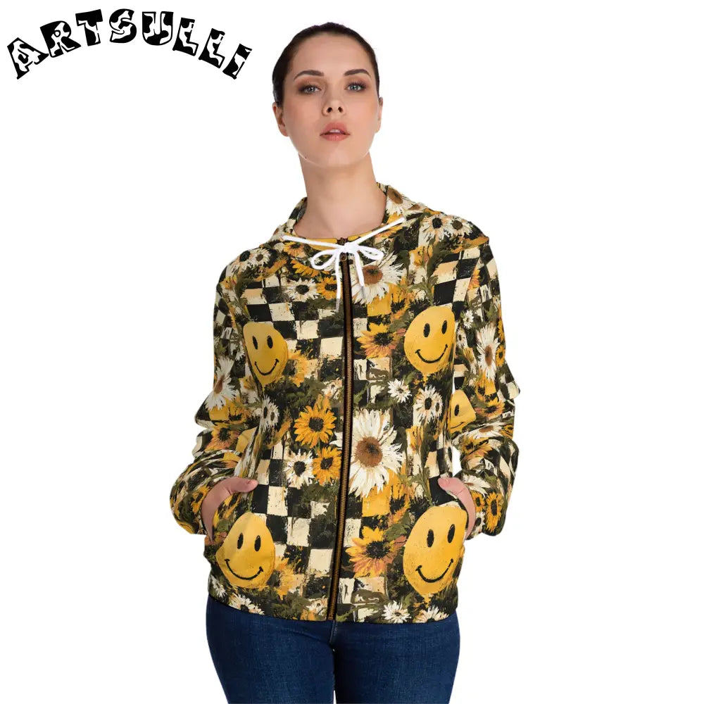 Checkerboard Sunflower Smiley Women’s Zip Hoodie, Artsulli - Art is Long, Life is Short, All Over Prints, , , , , , , 