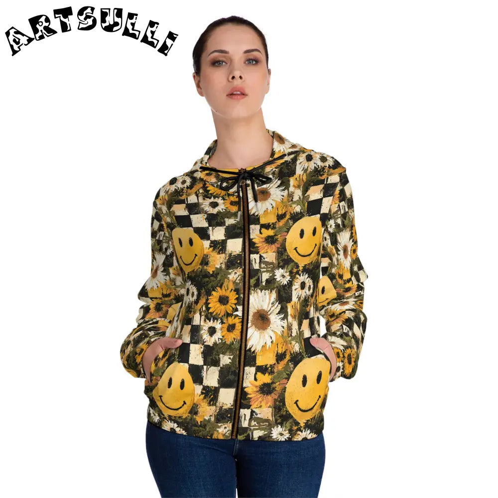 Checkerboard Sunflower Smiley Women’s Zip Hoodie, Artsulli - Art is Long, Life is Short, All Over Prints, , , , , , , 