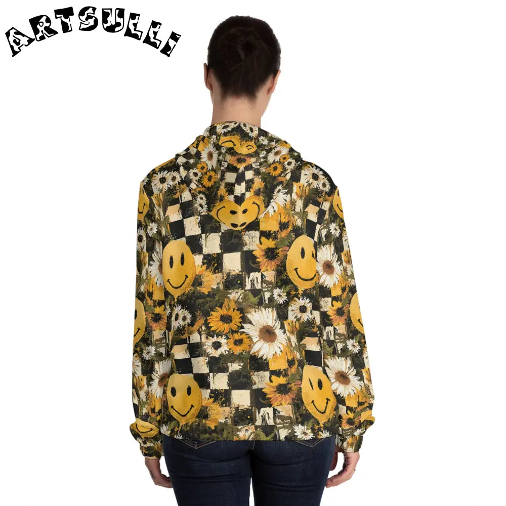 Checkerboard Sunflower Smiley Women’s Zip Hoodie, Artsulli - Art is Long, Life is Short, All Over Prints, , , , , , , 