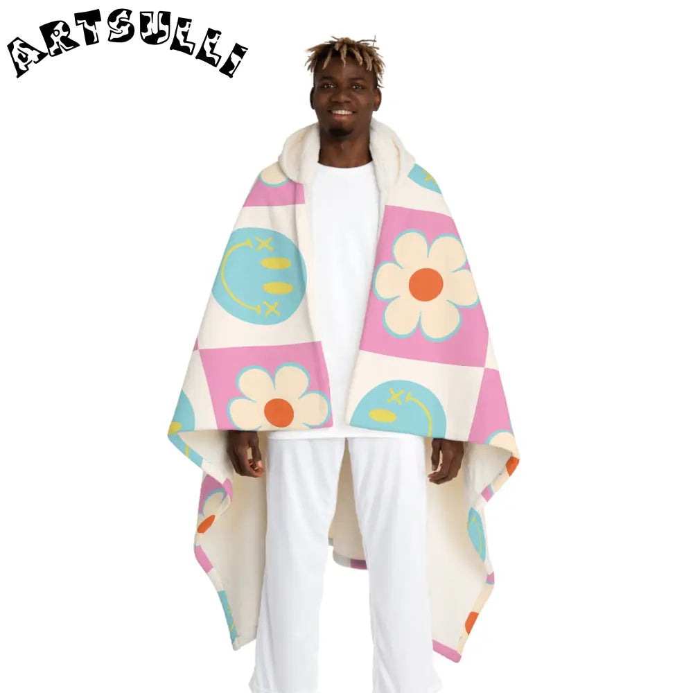 Checkered Daisy Smiley Hooded Sherpa Blanket, Artsulli - Art is Long, Life is Short, All Over Prints, Size, One size, Color, Cream, , , 18309396960333402963