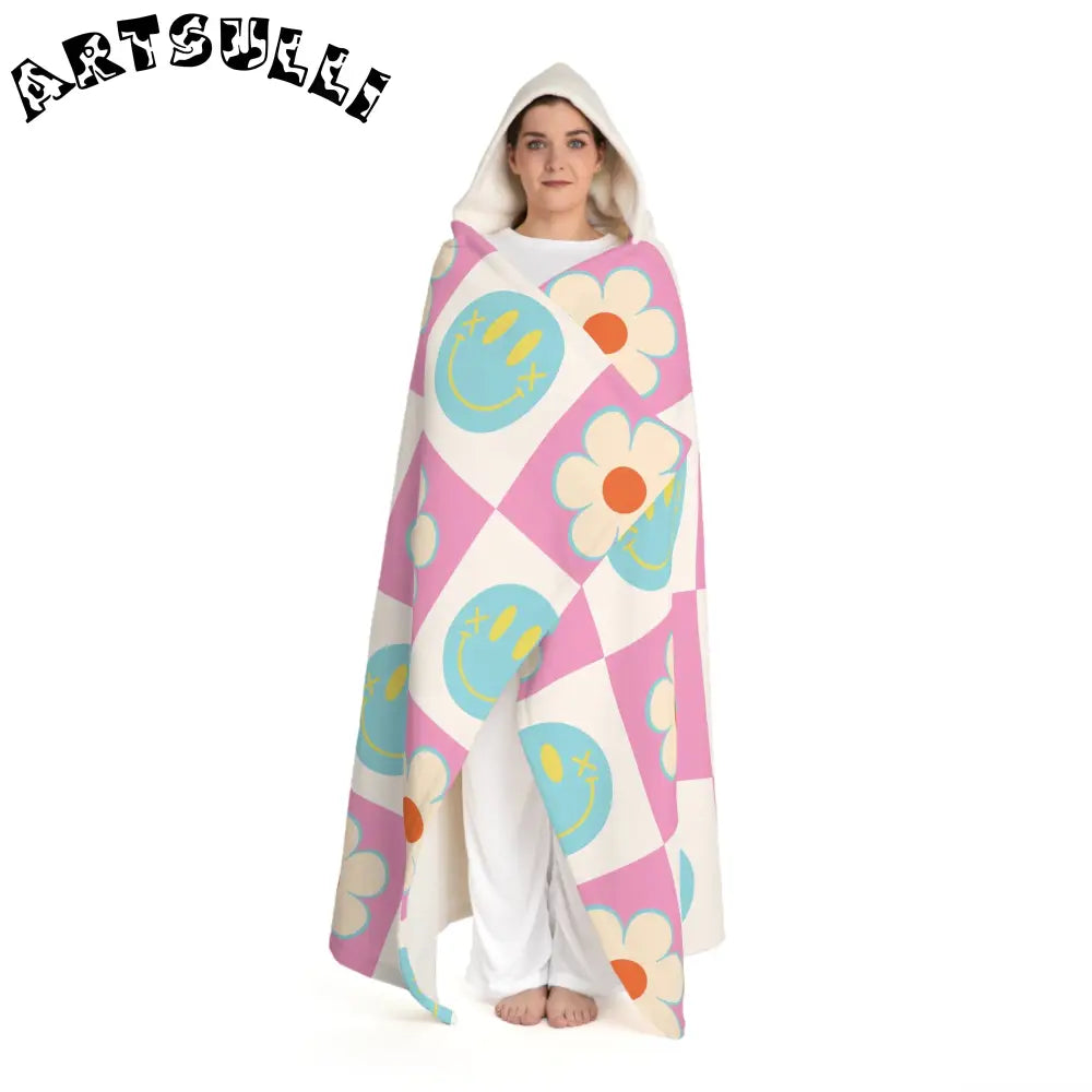 Checkered Daisy Smiley Hooded Sherpa Blanket, Artsulli - Art is Long, Life is Short, All Over Prints, , , , , , , 