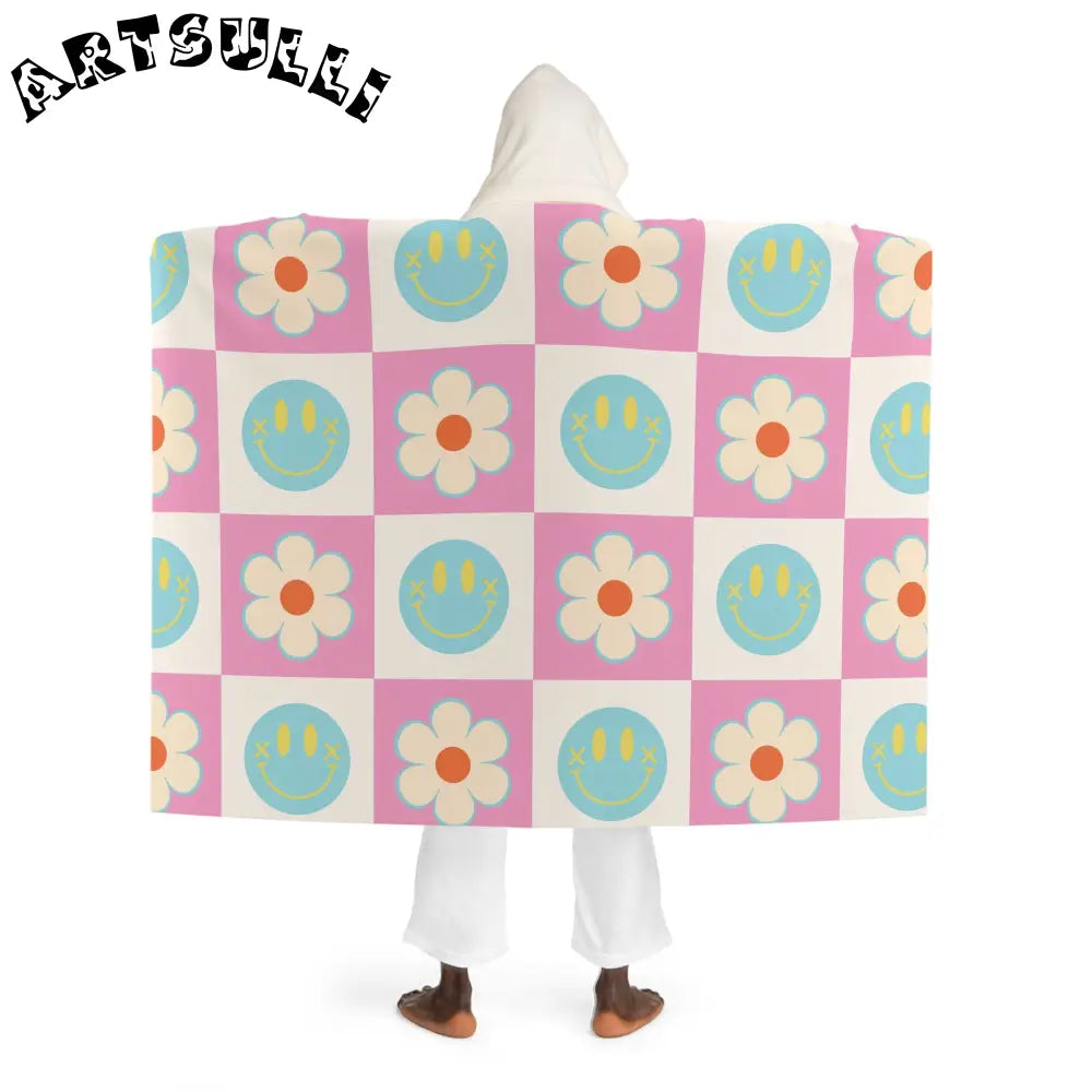 Checkered Daisy Smiley Hooded Sherpa Blanket, Artsulli - Art is Long, Life is Short, All Over Prints, , , , , , , 