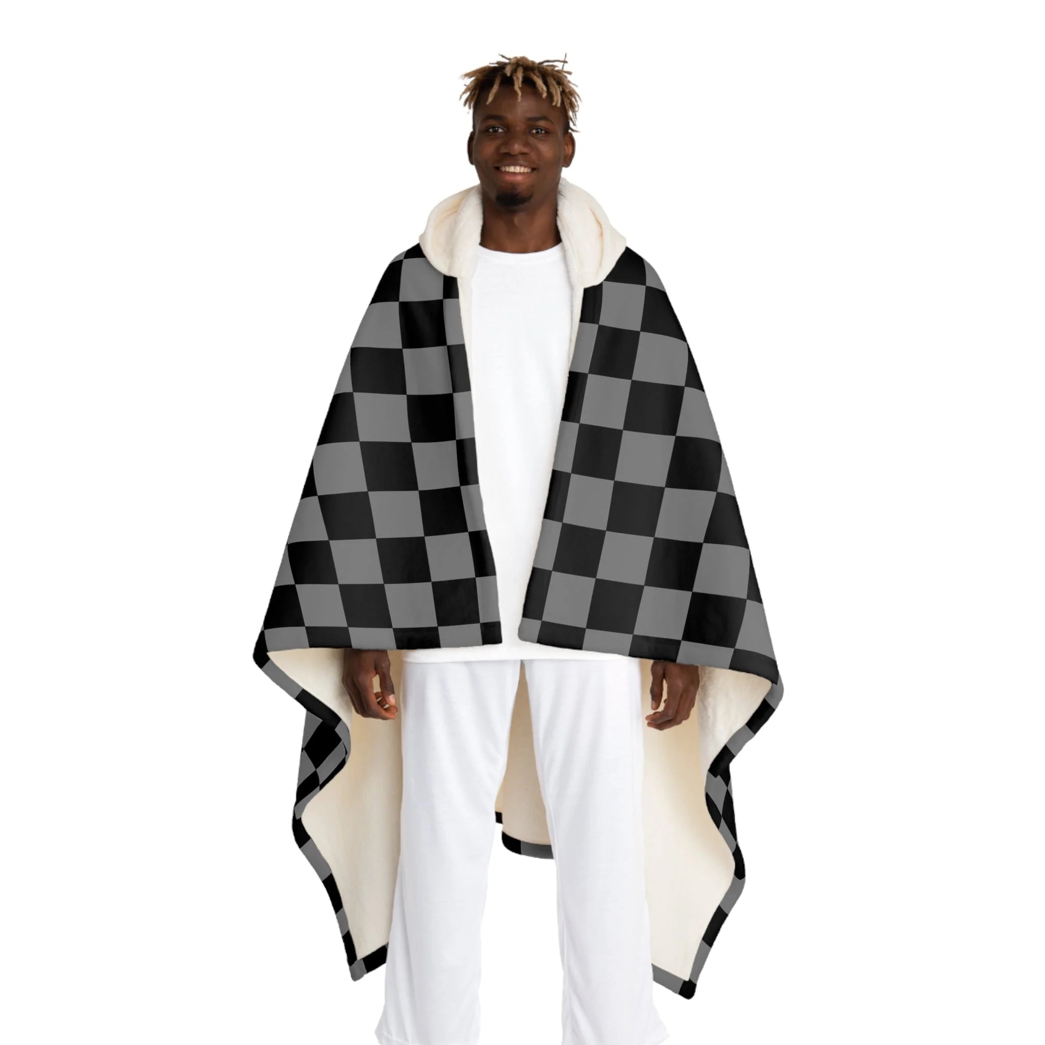 Checkered Hooded Sherpa Fleece Blanket, Artsulli - Art is Long, Life is Short, All Over Prints, Size, One size, Color, Cream, , , 25920480517725173458