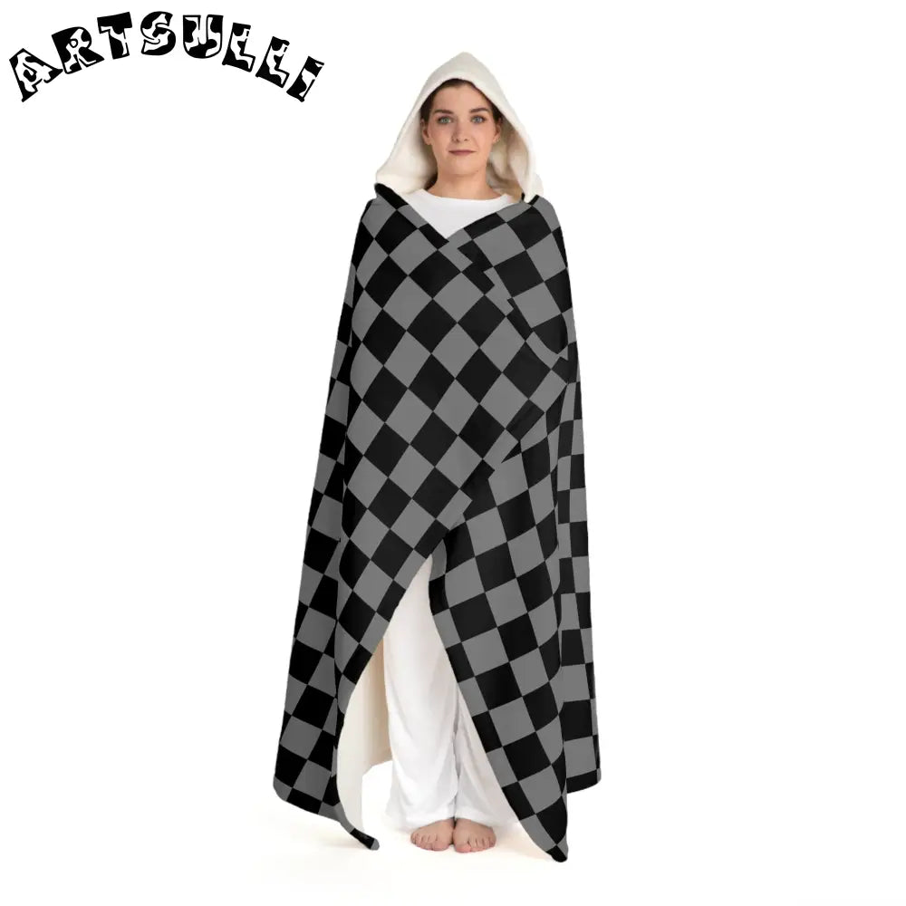 Checkered Hooded Sherpa Fleece Blanket, Artsulli - Art is Long, Life is Short, All Over Prints, , , , , , , 