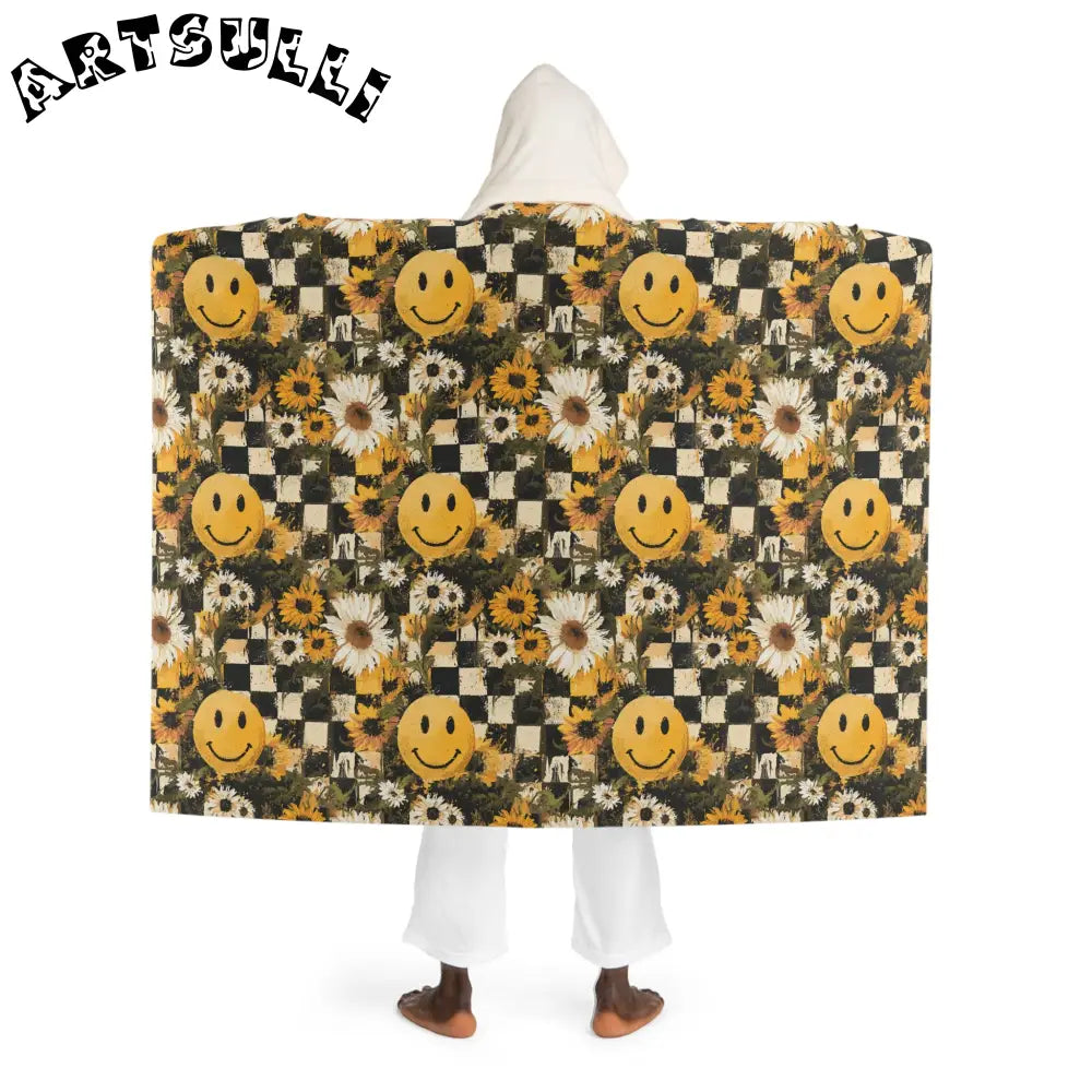 Checkered Sunflower Smiley Face Hooded Fleece Blanket, Artsulli - Art is Long, Life is Short, All Over Prints, , , , , , , 