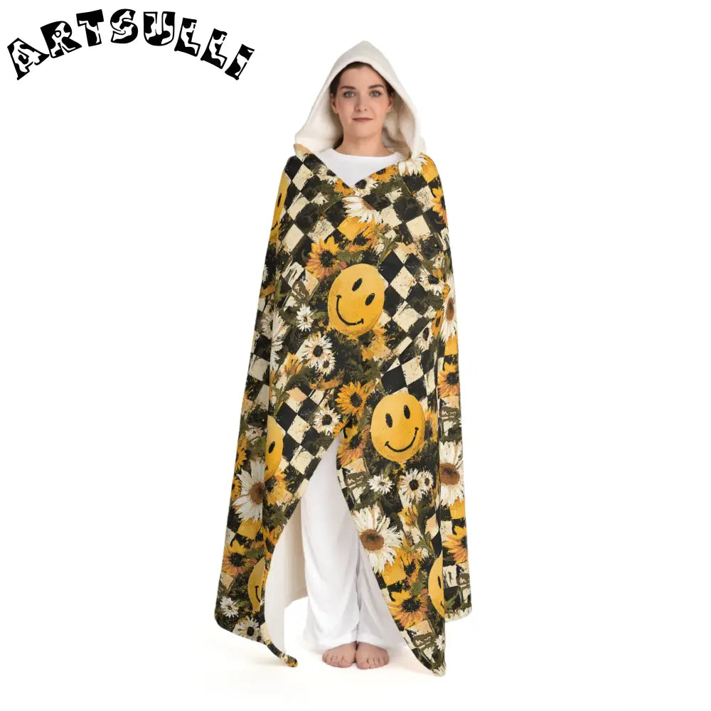 Checkered Sunflower Smiley Face Hooded Fleece Blanket, Artsulli - Art is Long, Life is Short, All Over Prints, , , , , , , 
