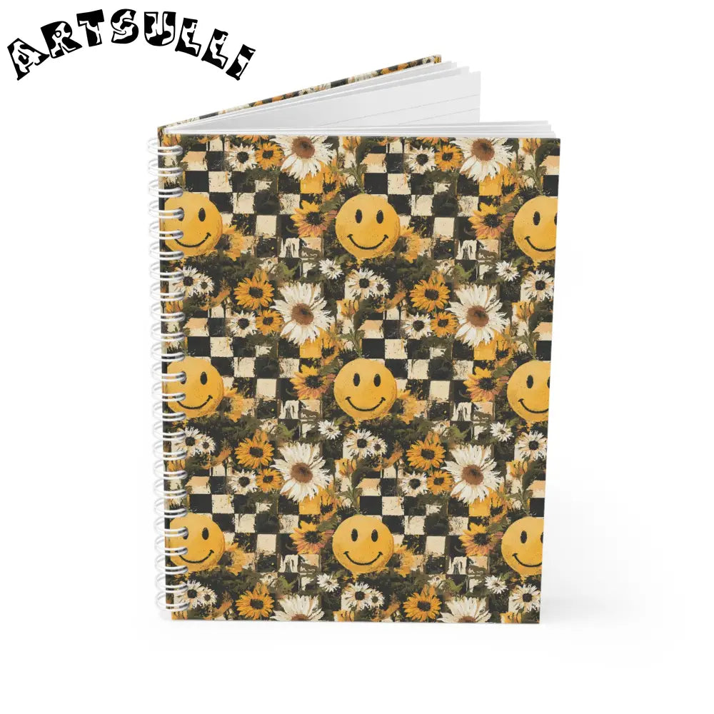 JAKKOUTTHEBXX Checkered Sunflower Smiley Wide-Ruled Spiral Notebook 2025