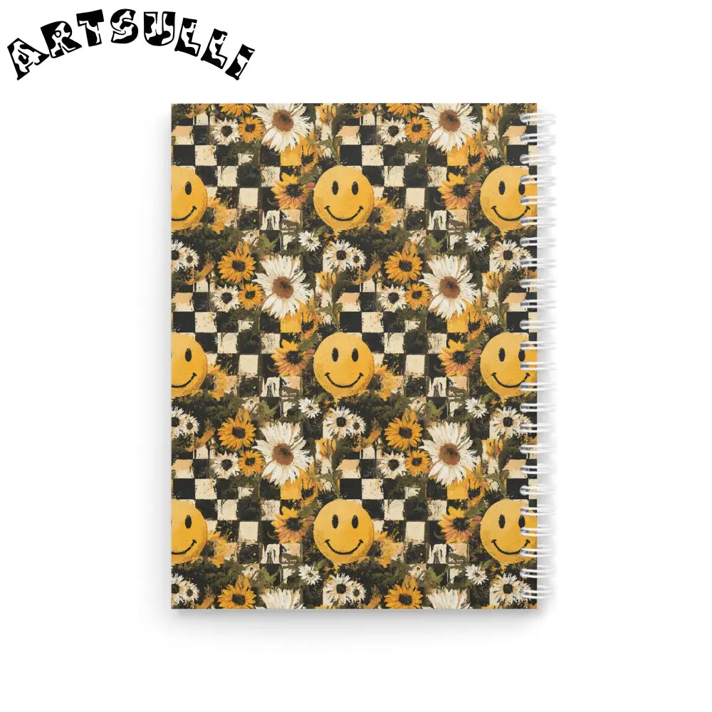 JAKKOUTTHEBXX Checkered Sunflower Smiley Wide-Ruled Spiral Notebook 2025