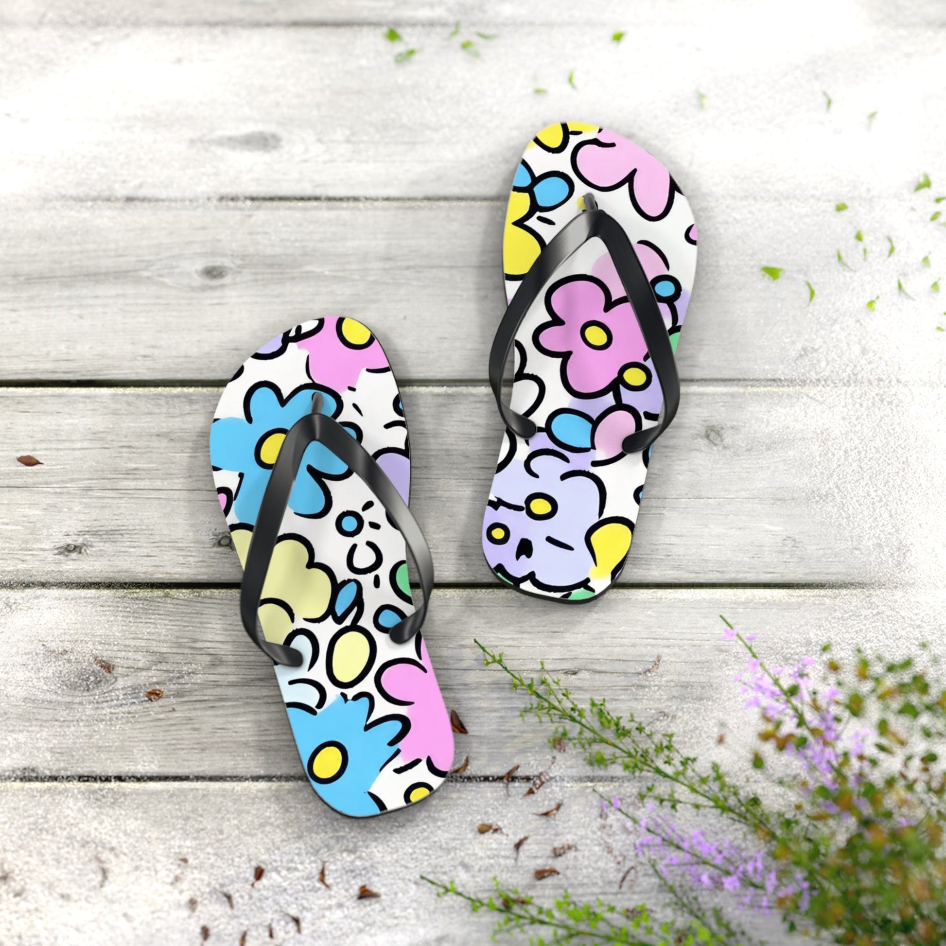 Cheerful Pastel Floral Flip Flops, Artsulli - Art is Long, Life is Short, Shoes, , , , , , , 