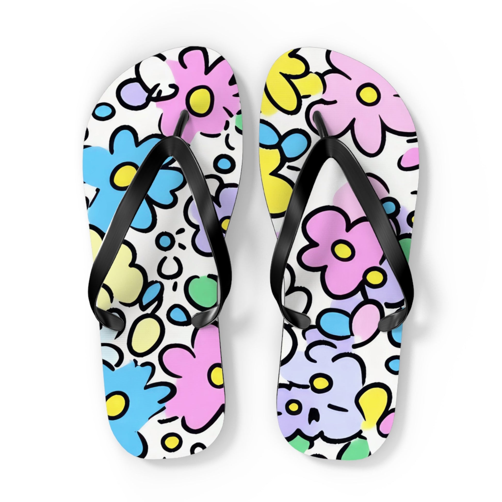 Cheerful Pastel Floral Flip Flops, Artsulli - Art is Long, Life is Short, Shoes, Size, XL, Color, Black sole, , , 18073137679533745318