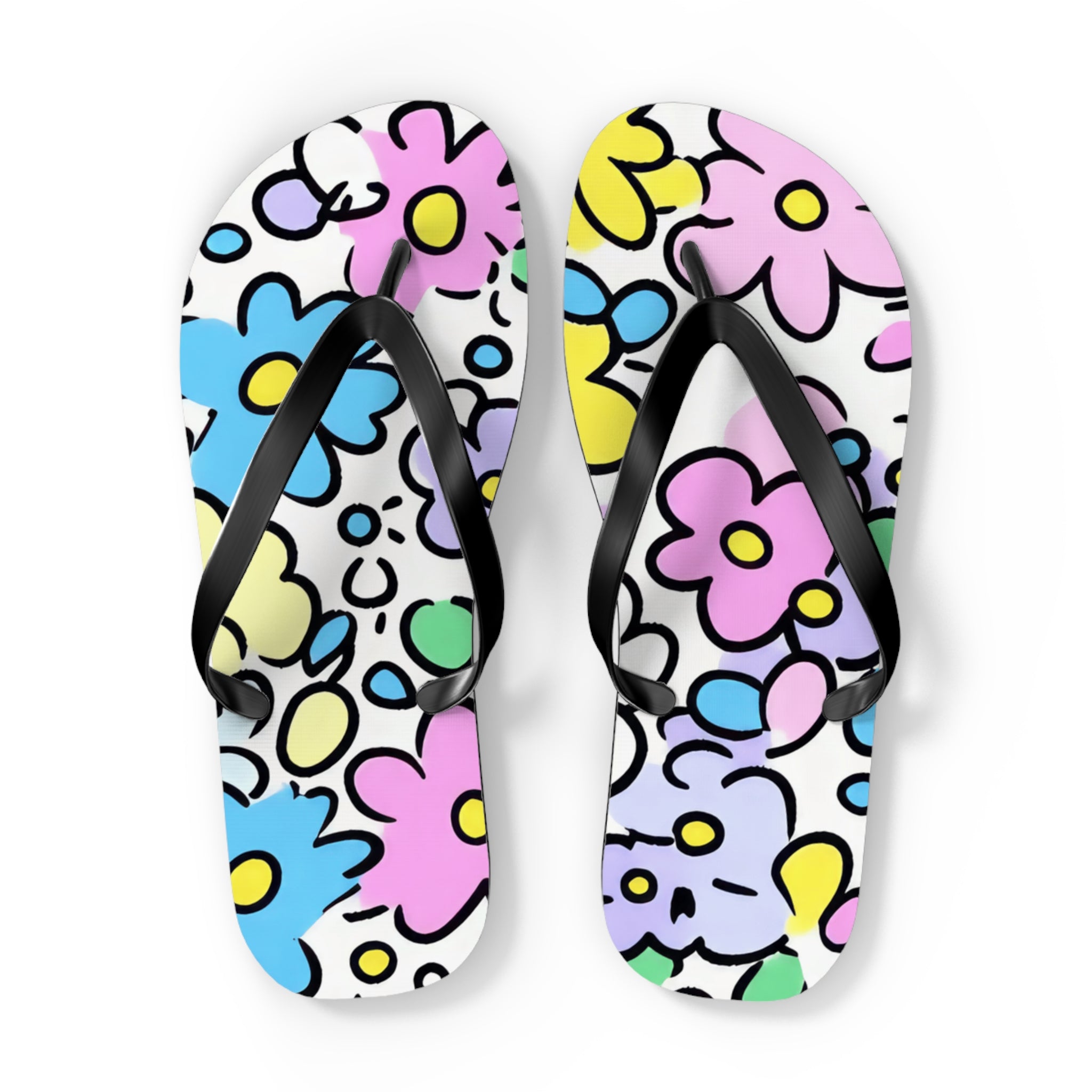 Cheerful Pastel Floral Flip Flops, Artsulli - Art is Long, Life is Short, Shoes, Size, XL, Color, Black sole, , , 18073137679533745318