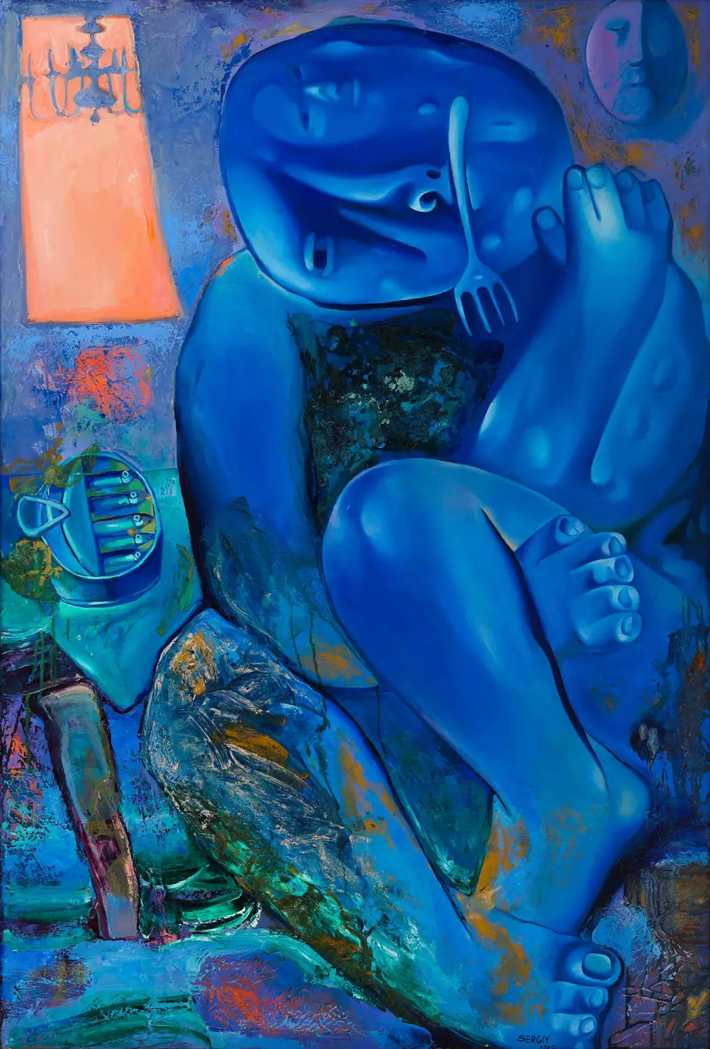 a blue, dreamlike painting by Sergiu Ciochina of a seated figure holding a fork