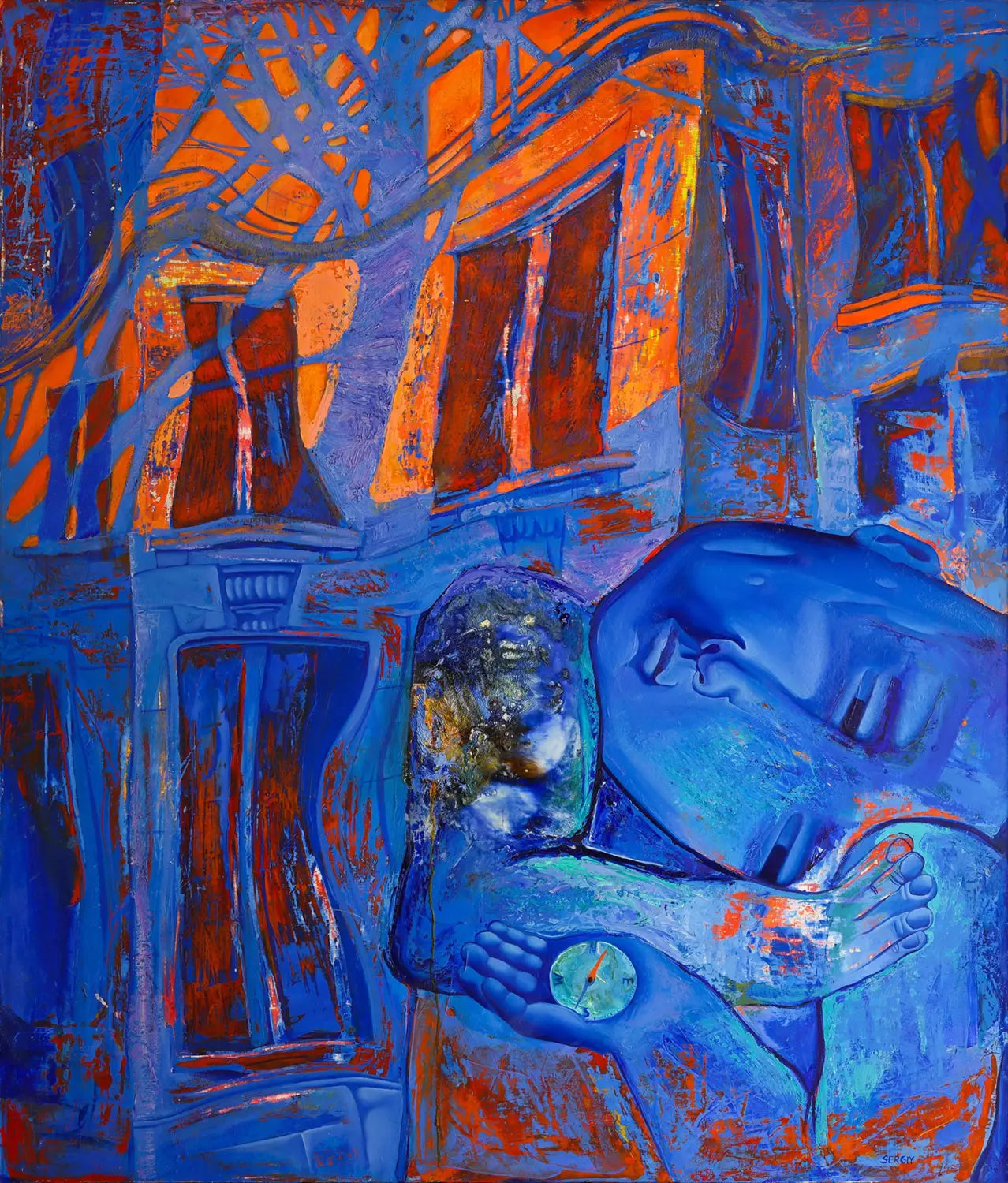 a blue, dreamlike painting by Sergiu Ciochina of a figure that may be sleeping, set against a building with the glow of sunlight on the facade