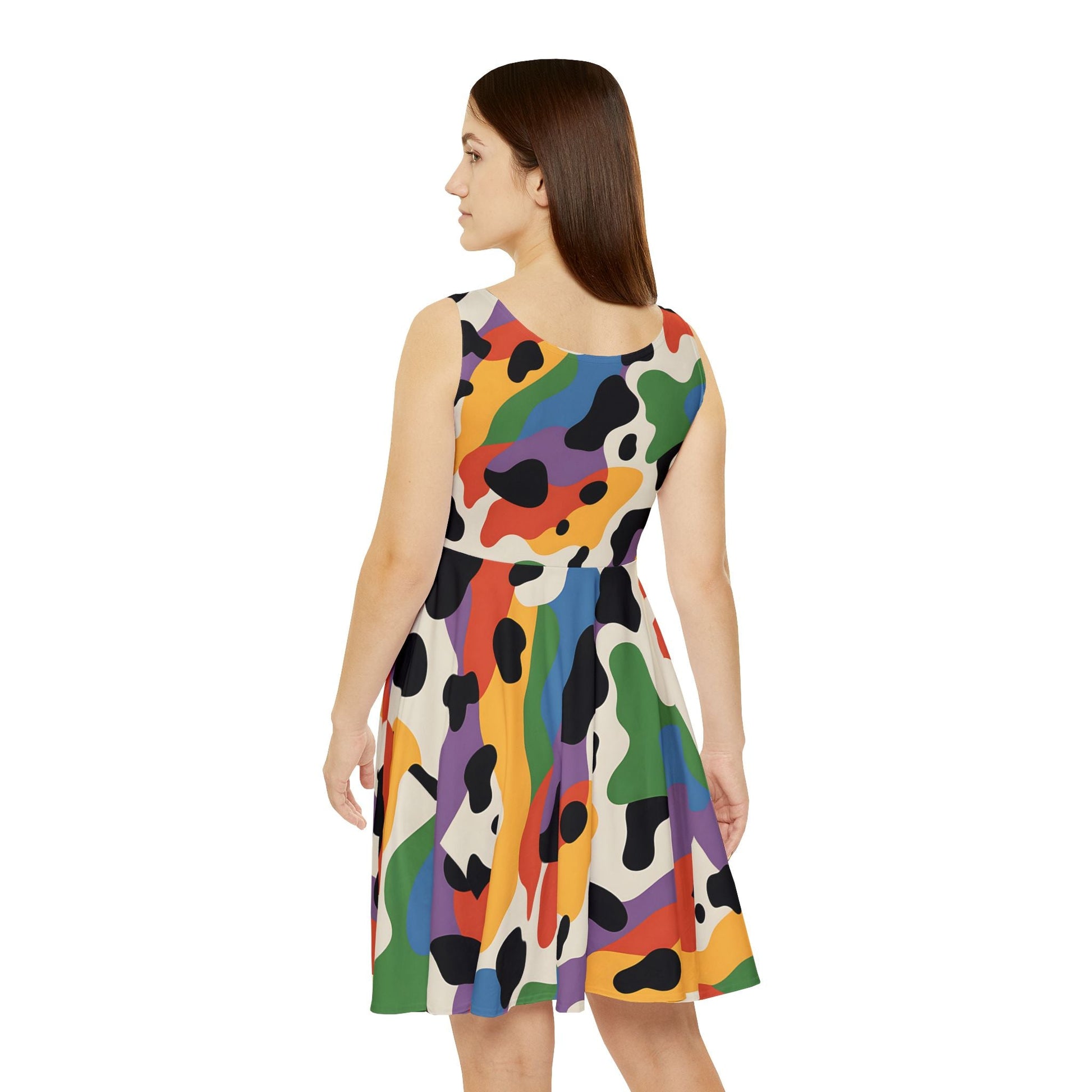 Colorful Abstract Cow Print Skater Dress, Artsulli - Art is Long, Life is Short, All Over Prints, , , , , , , 