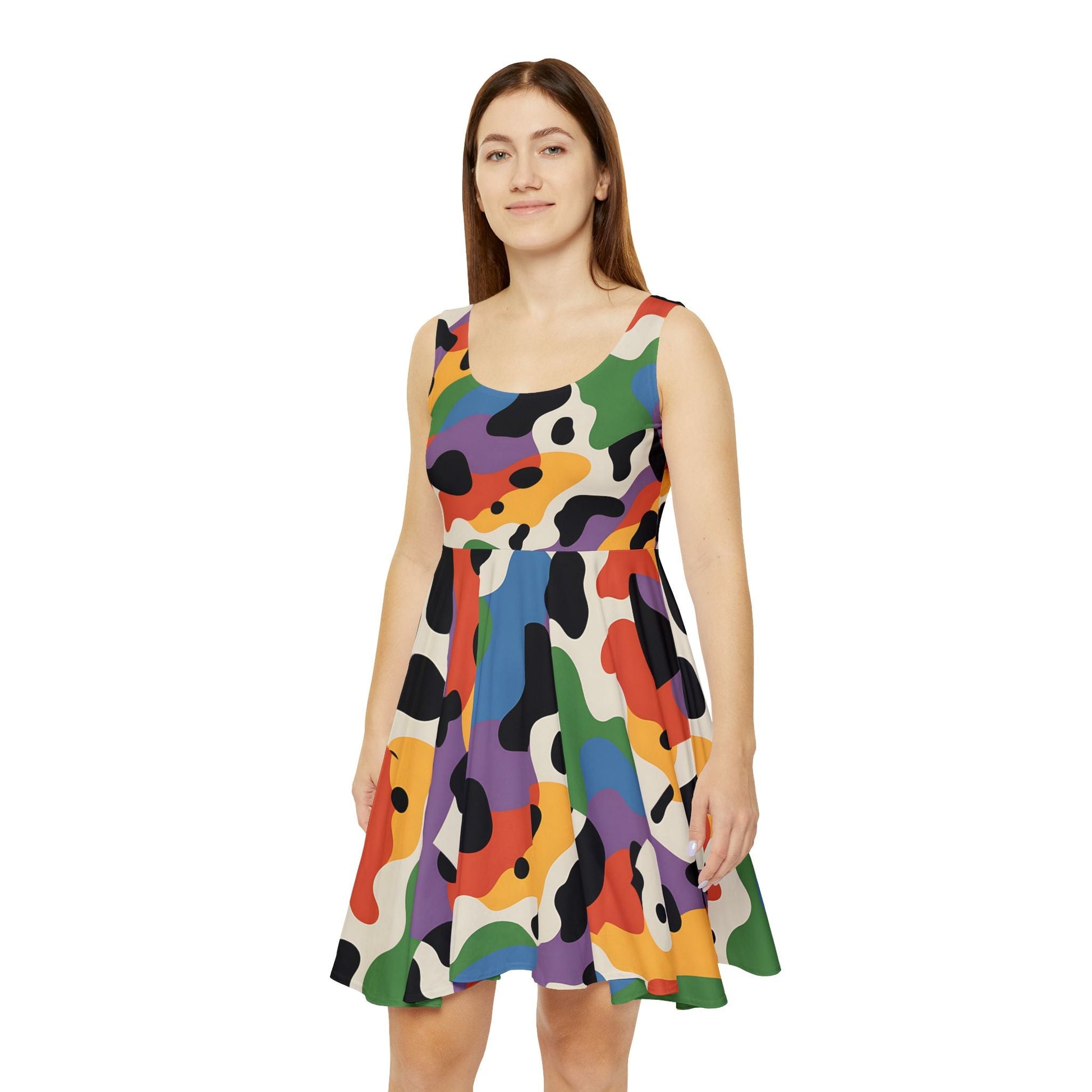 Colorful Abstract Cow Print Skater Dress, Artsulli - Art is Long, Life is Short, All Over Prints, , , , , , , 