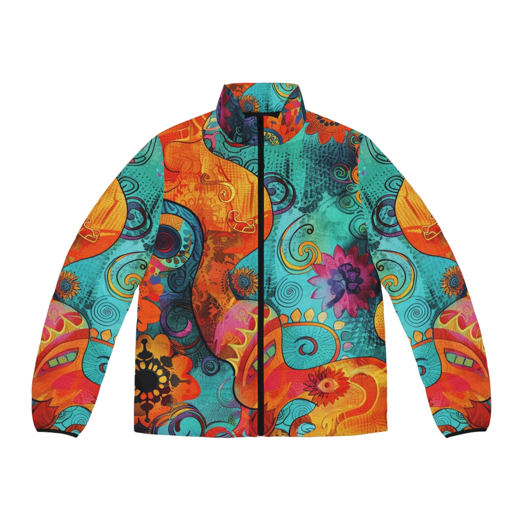 Colorful Abstract Pattern Puffer Jacket, Artsulli - Art is Long, Life is Short, All Over Prints, Size, S, Color, Black zipper, , , 25126713107117031993