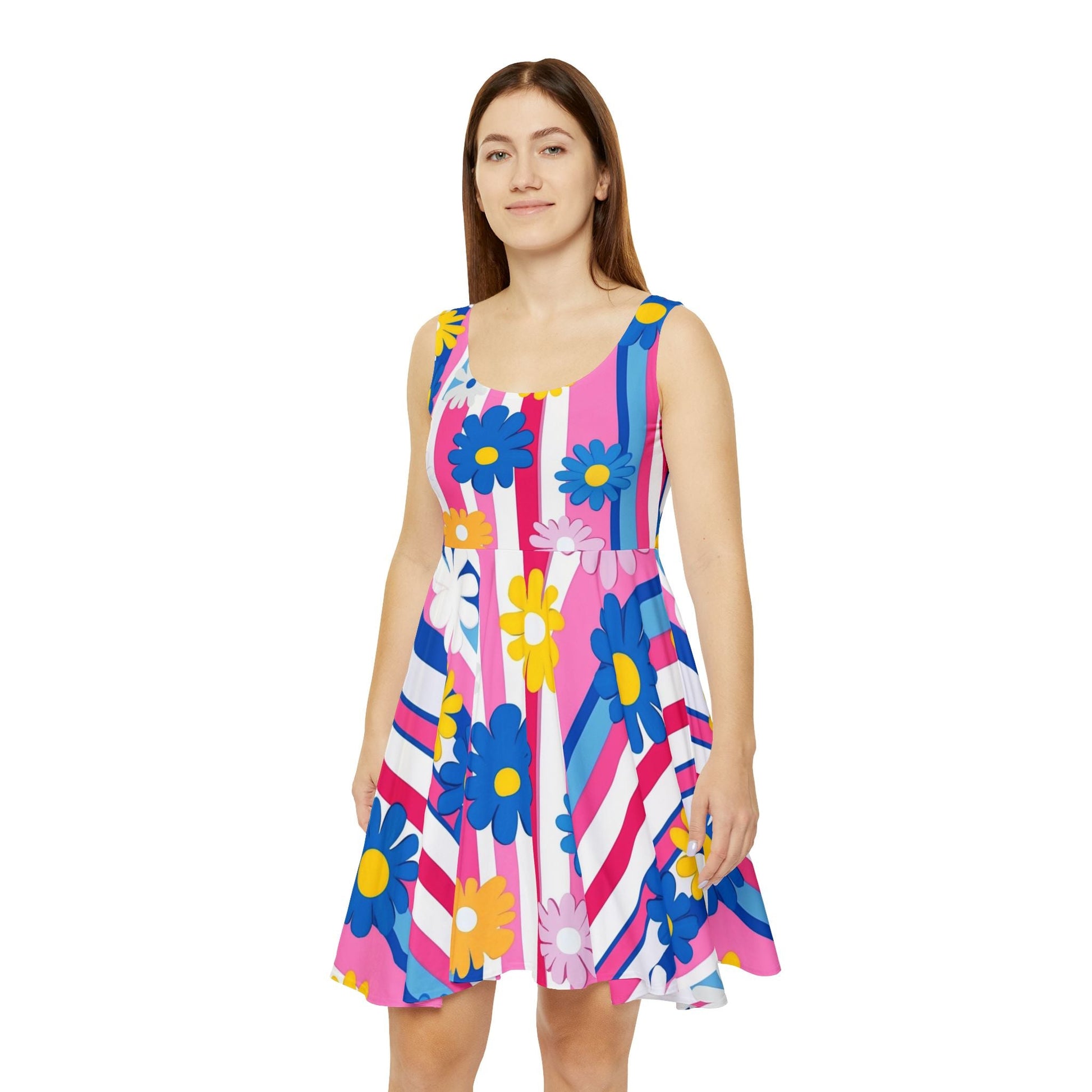 Colorful Floral Applique Striped Dress, Artsulli - Art is Long, Life is Short, All Over Prints, , , , , , , 