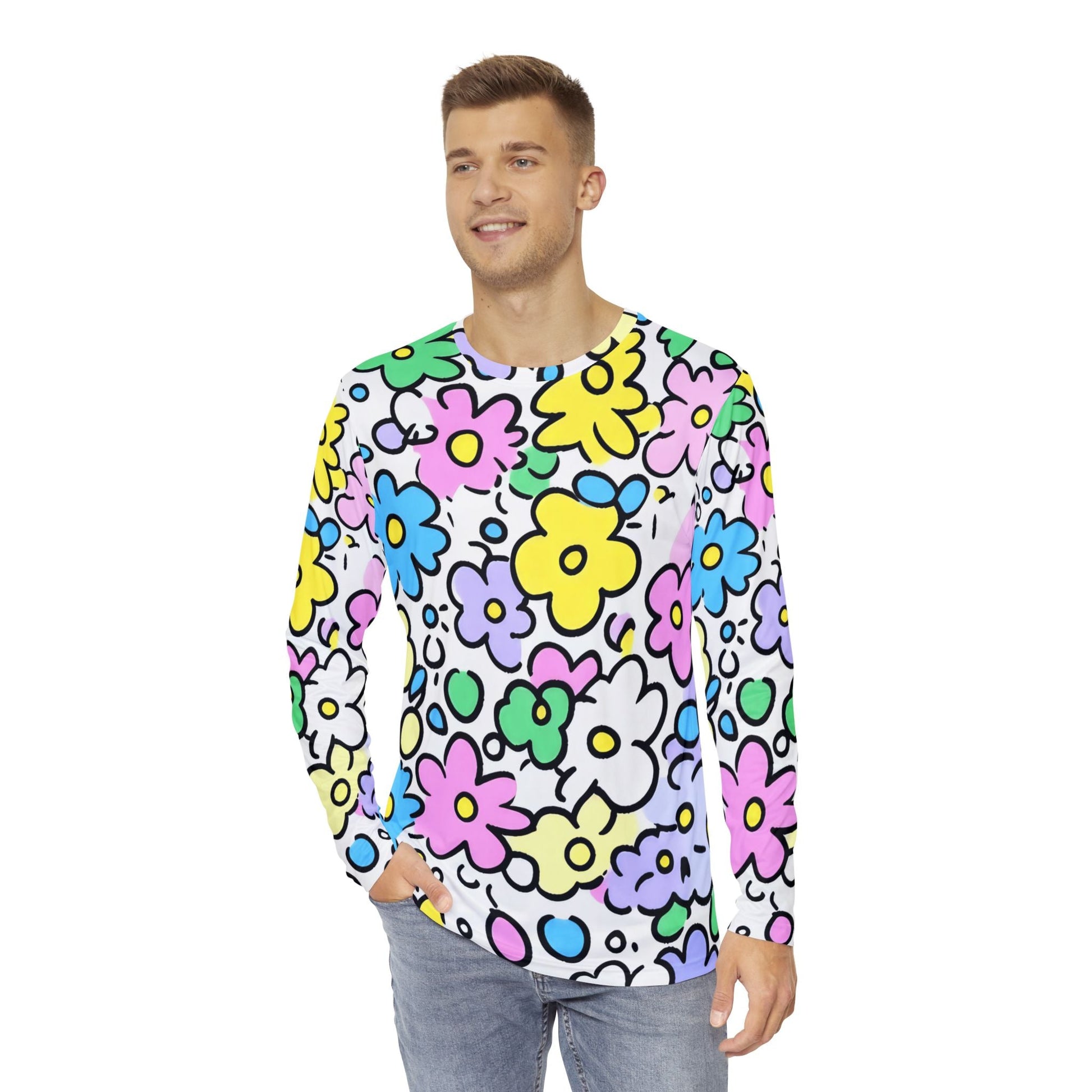 Colorful Floral Print Long Sleeve Shirt, Artsulli - Art is Long, Life is Short, All Over Prints, , , , , , , 