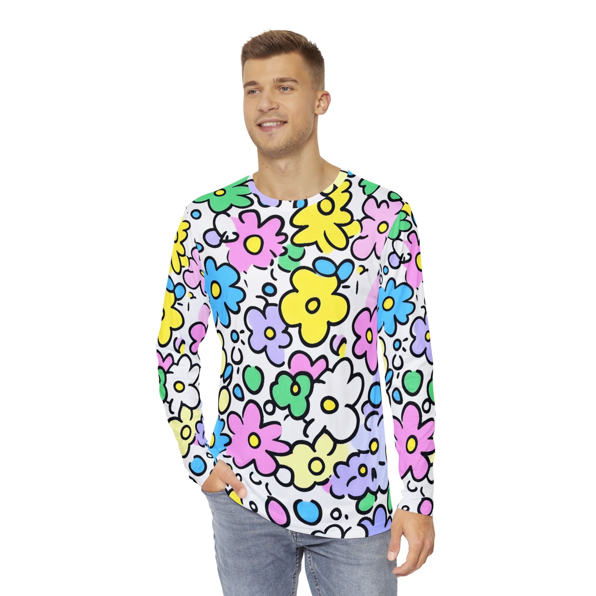 Colorful Floral Print Long Sleeve Shirt, Artsulli - Art is Long, Life is Short, All Over Prints, , , , , , , 