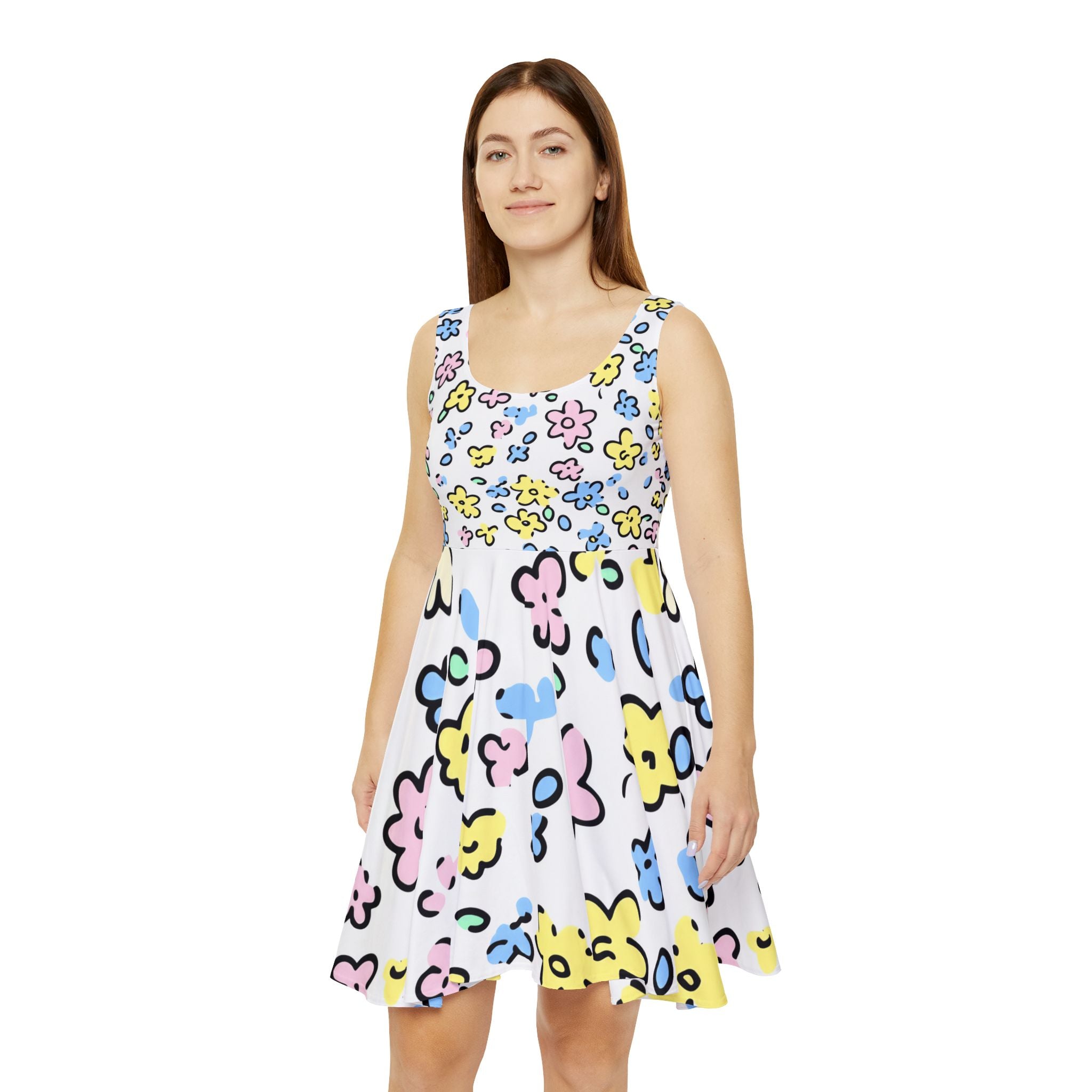 Colorful Floral Print Skater Dress, Artsulli - Art is Long, Life is Short, All Over Prints, , , , , , , 