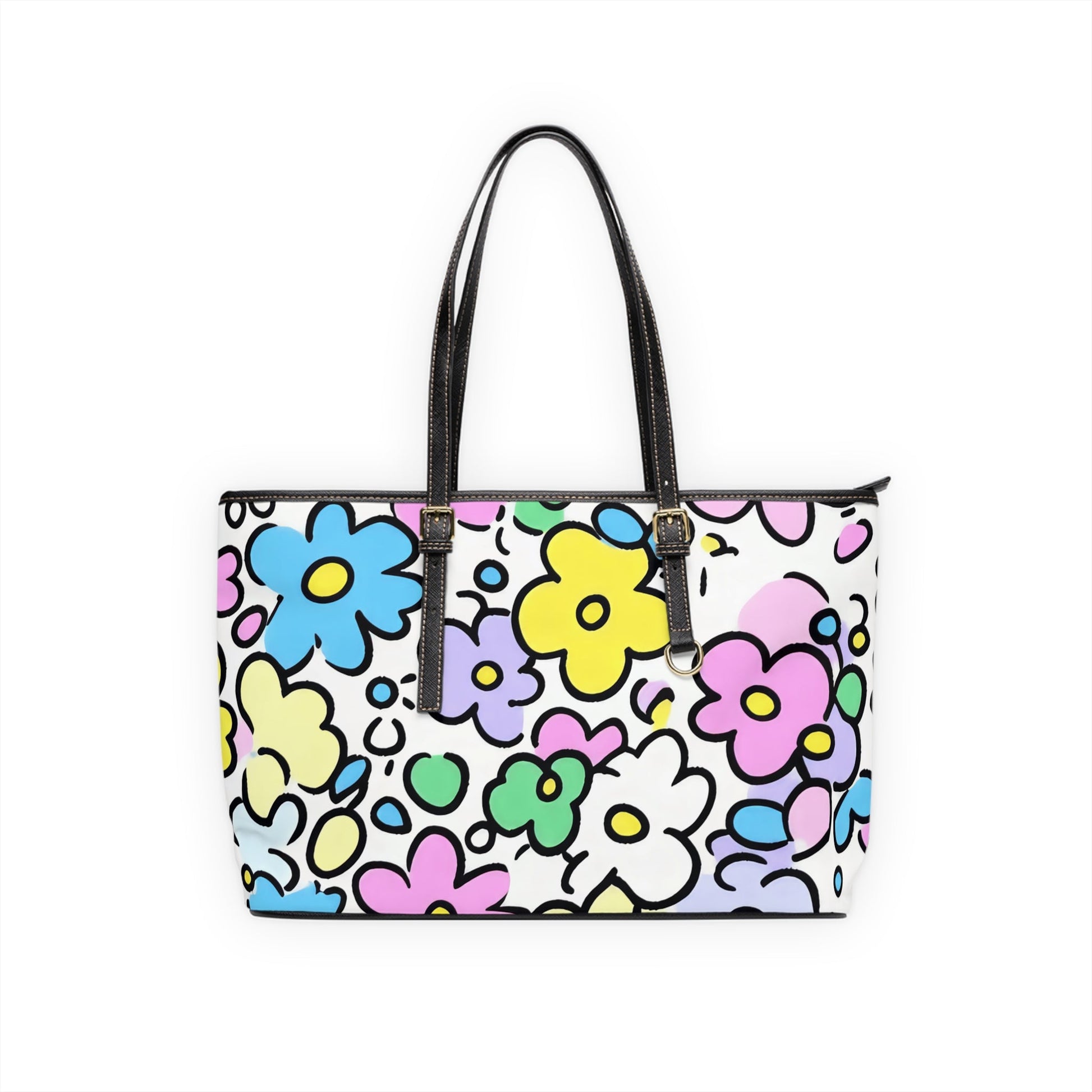 Colorful Floral PU Leather Shoulder Bag, Artsulli - Art is Long, Life is Short, Bags, Size, 17" x 11", Color, Black, , , 10339241608031721124