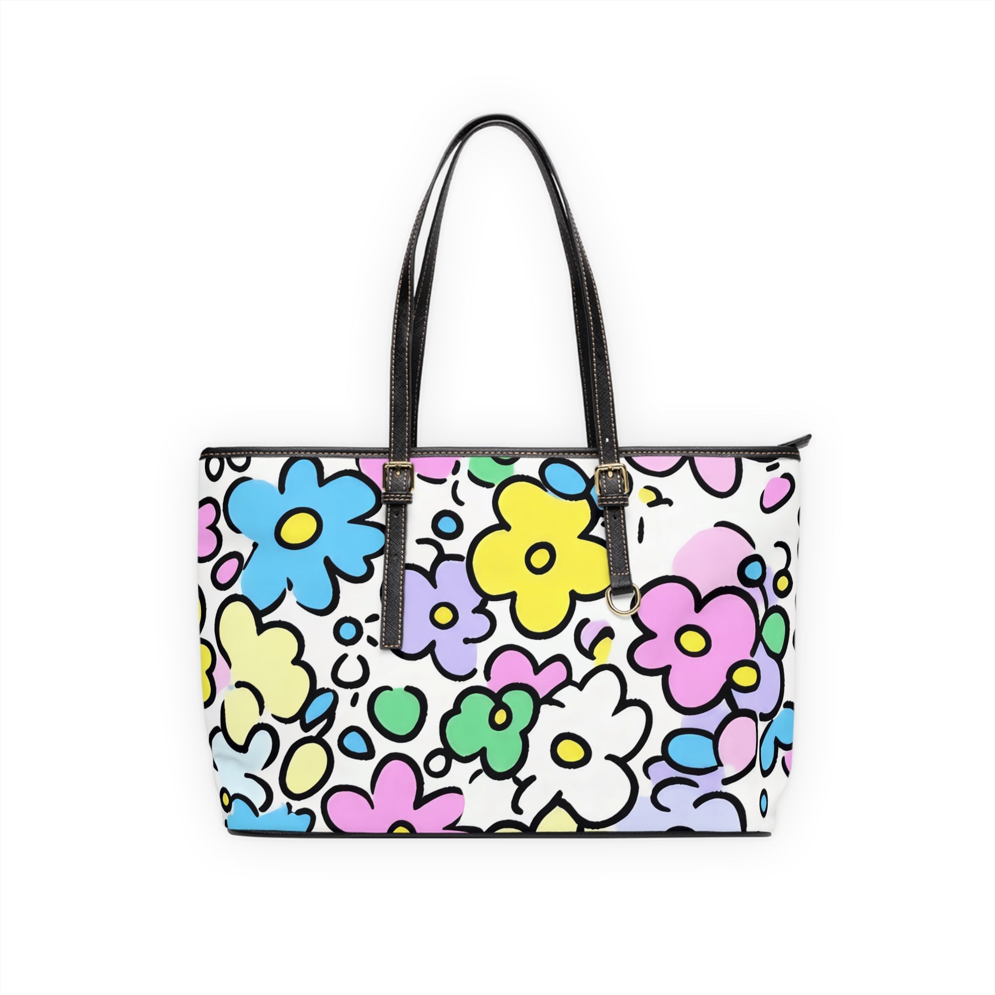 Colorful Floral PU Leather Shoulder Bag, Artsulli - Art is Long, Life is Short, Bags, Size, 17" x 11", Color, Black, , , 10339241608031721124