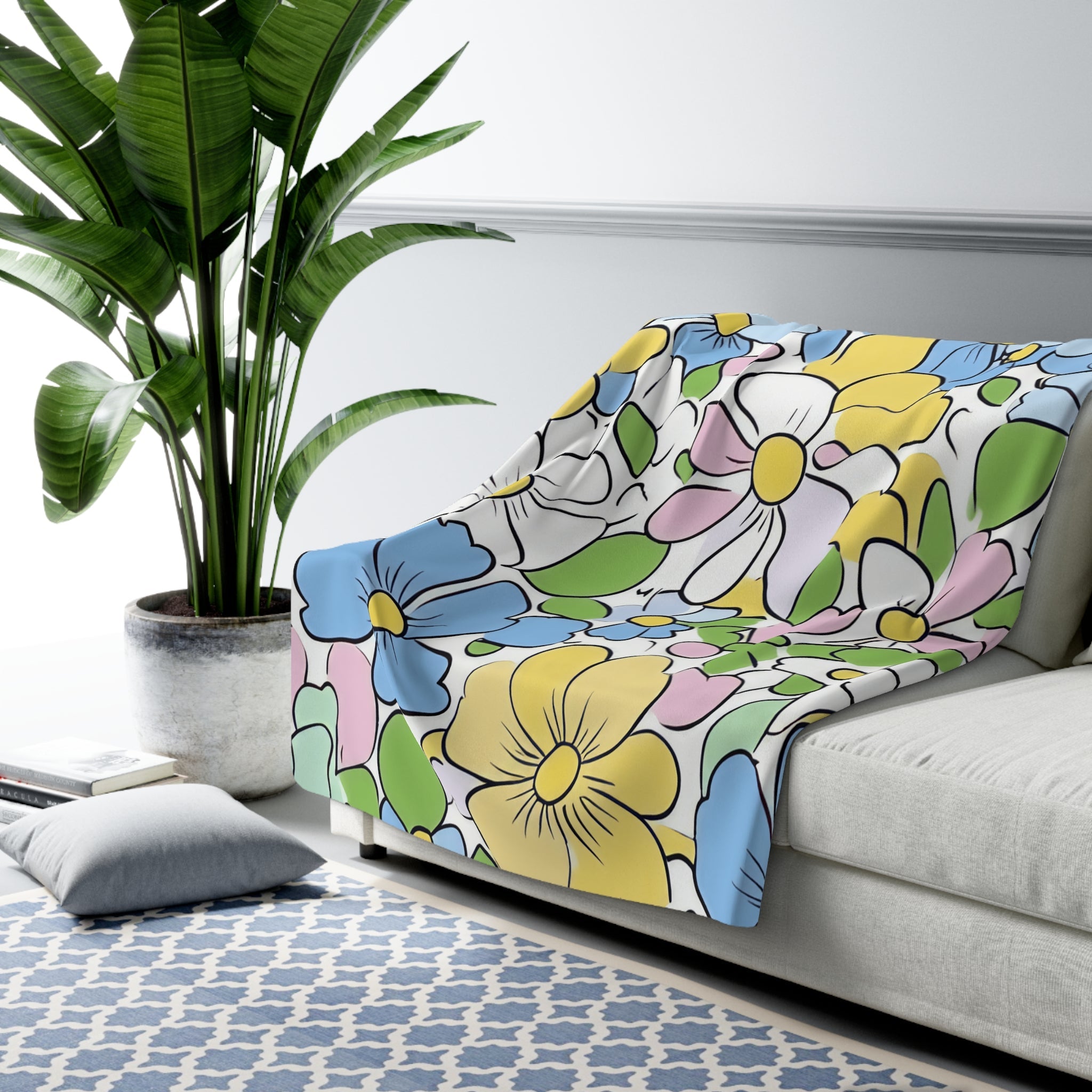 Colorful Floral Sherpa Fleece Blanket, Artsulli - Art is Long, Life is Short, Home Decor, , , , , , , 