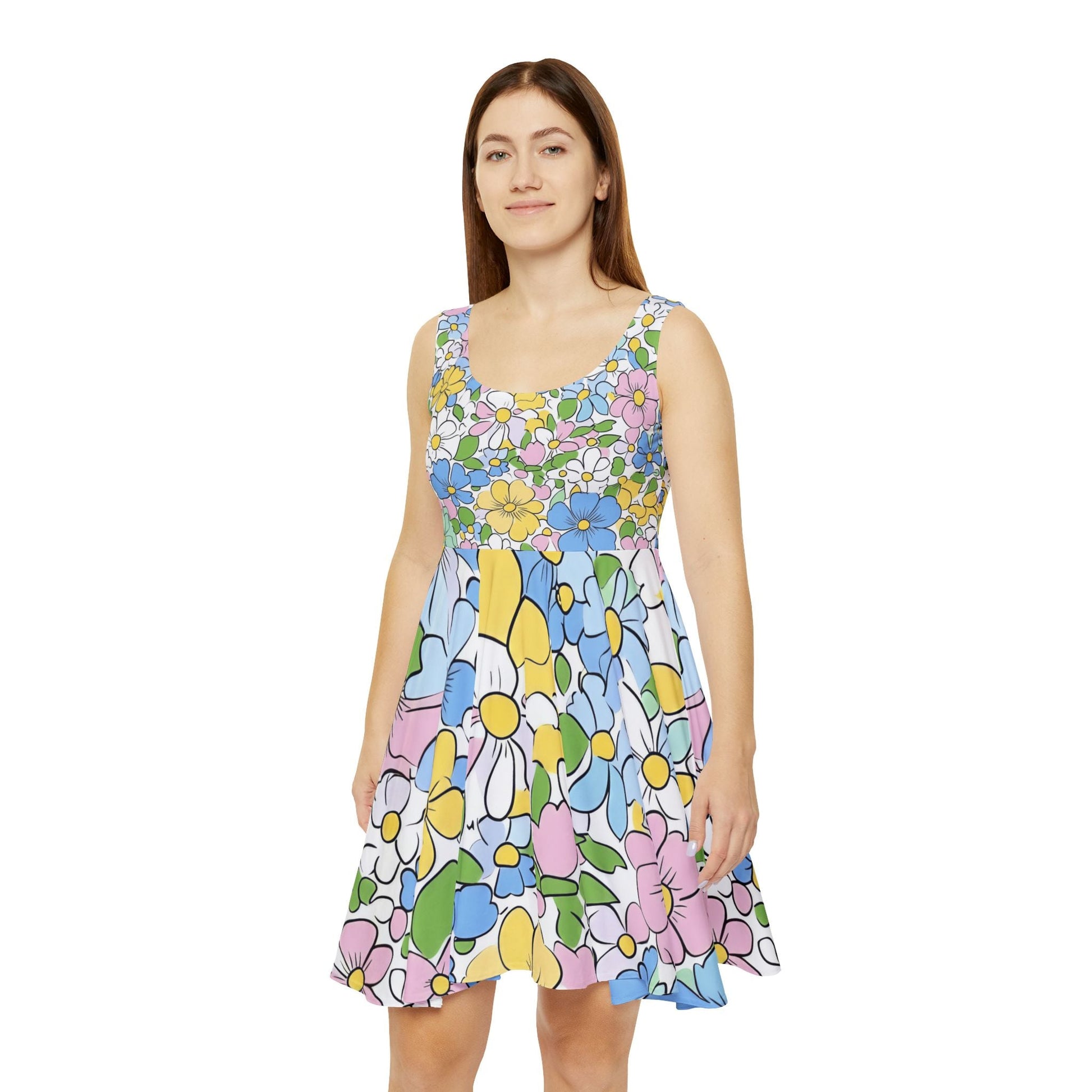 Colorful Floral Sleeveless Skater Dress, Artsulli - Art is Long, Life is Short, All Over Prints, , , , , , , 