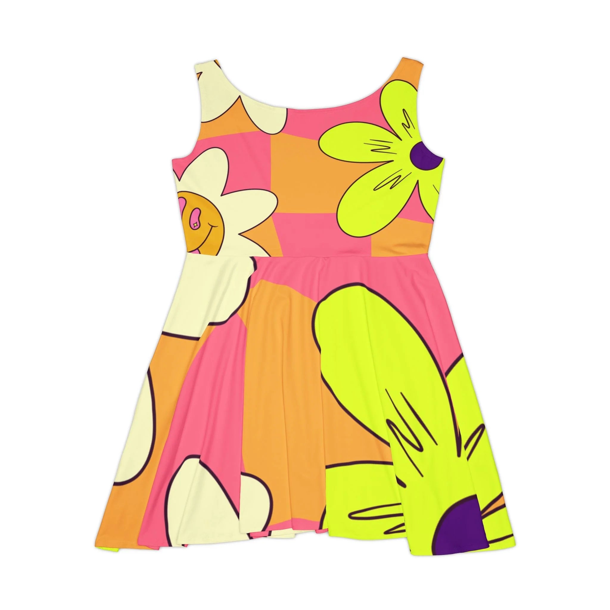 Colorful Floral Smiley Face Skater Dress, Artsulli - Art is Long, Life is Short, All Over Prints, , , , , , , 