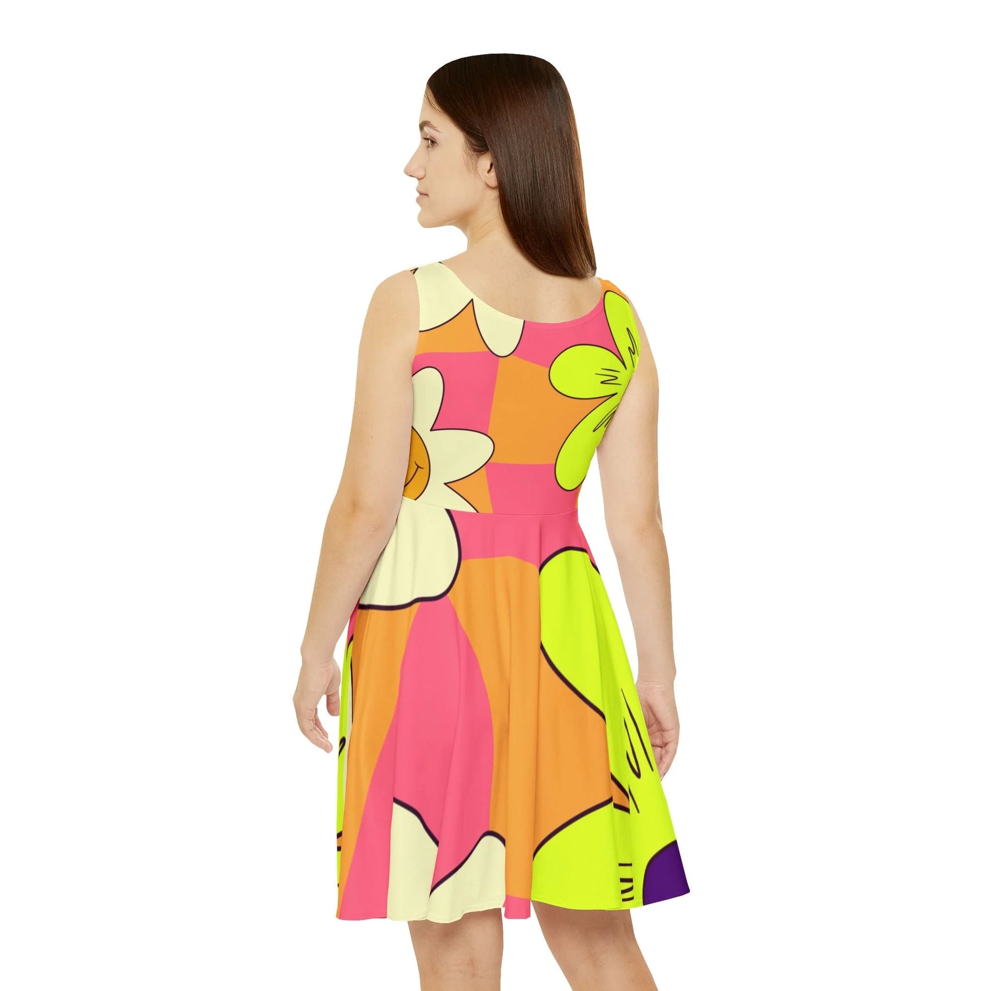 Colorful Floral Smiley Face Skater Dress, Artsulli - Art is Long, Life is Short, All Over Prints, , , , , , , 