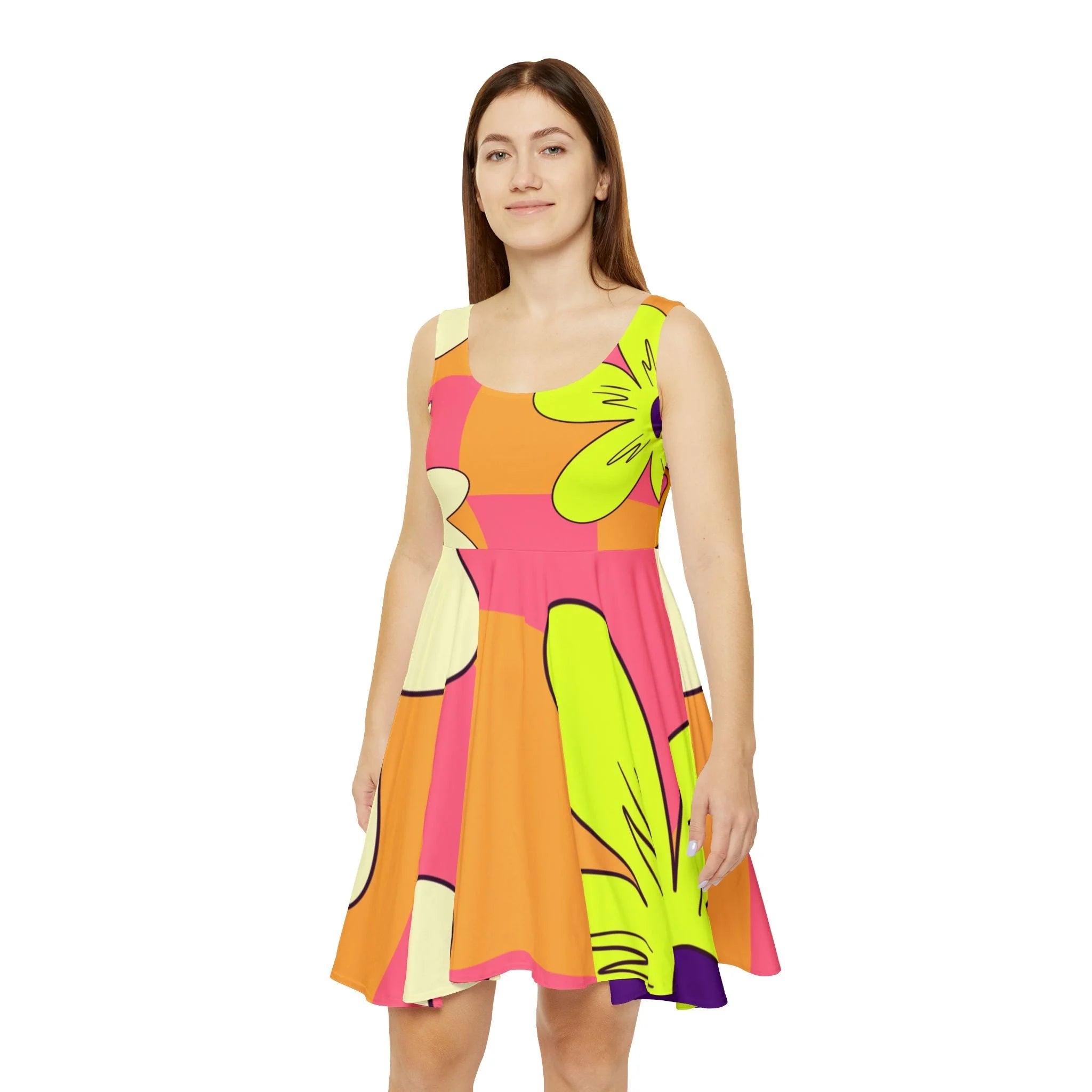 Colorful Floral Smiley Face Skater Dress, Artsulli - Art is Long, Life is Short, All Over Prints, , , , , , , 