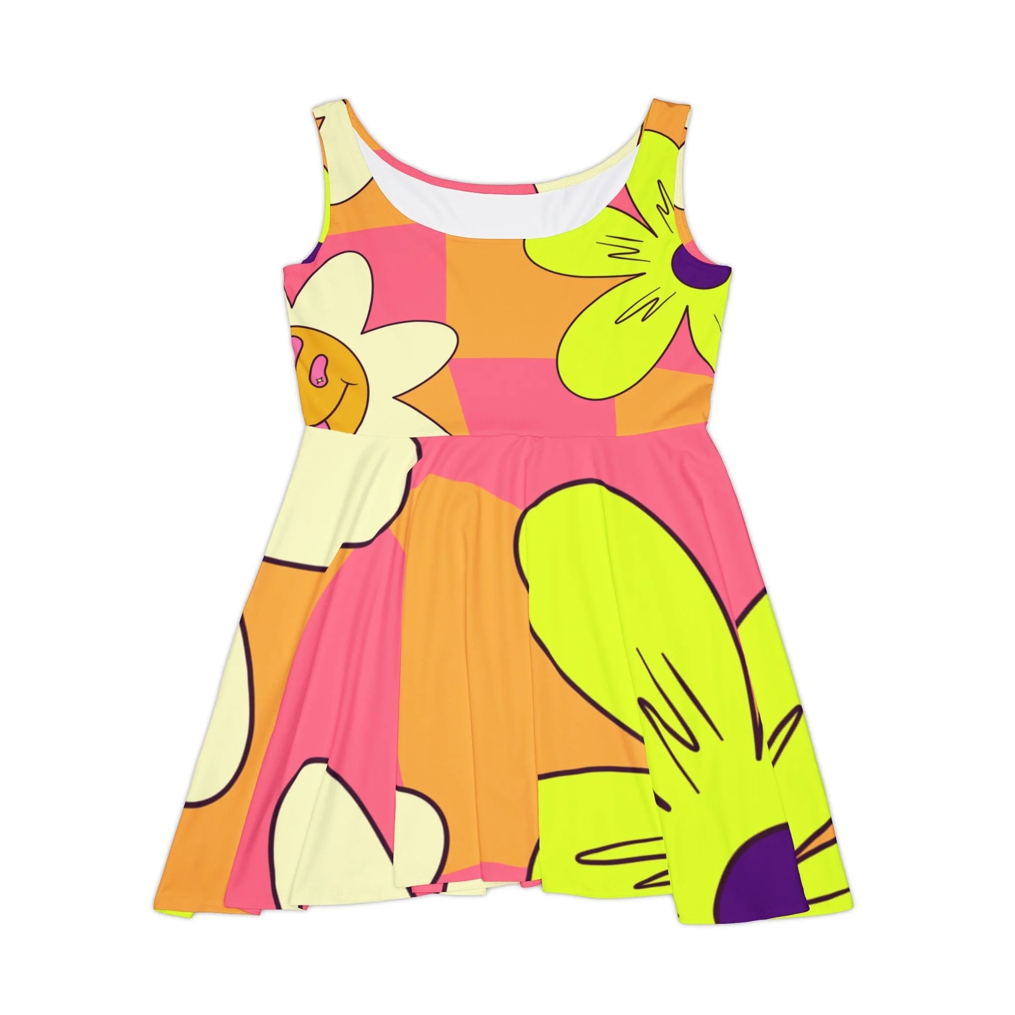 Colorful Floral Smiley Face Skater Dress, Artsulli - Art is Long, Life is Short, All Over Prints, Size, XS, , , , , 14019128062971