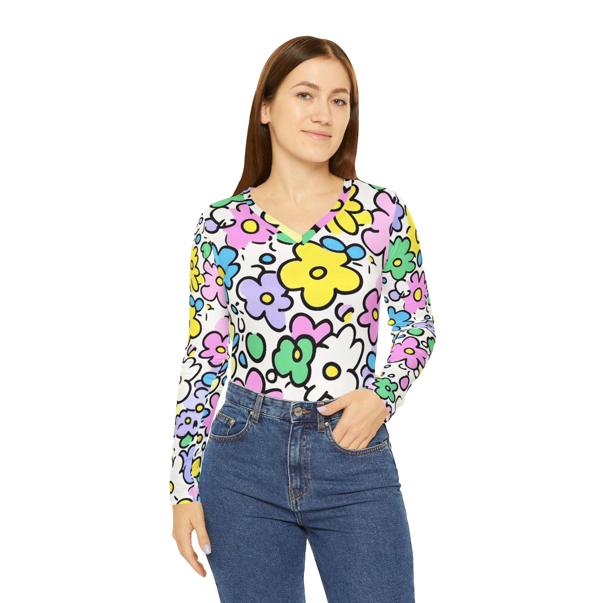 Colorful Floral V-Neck Long Sleeve Shirt, Artsulli - Art is Long, Life is Short, All Over Prints, , , , , , , 