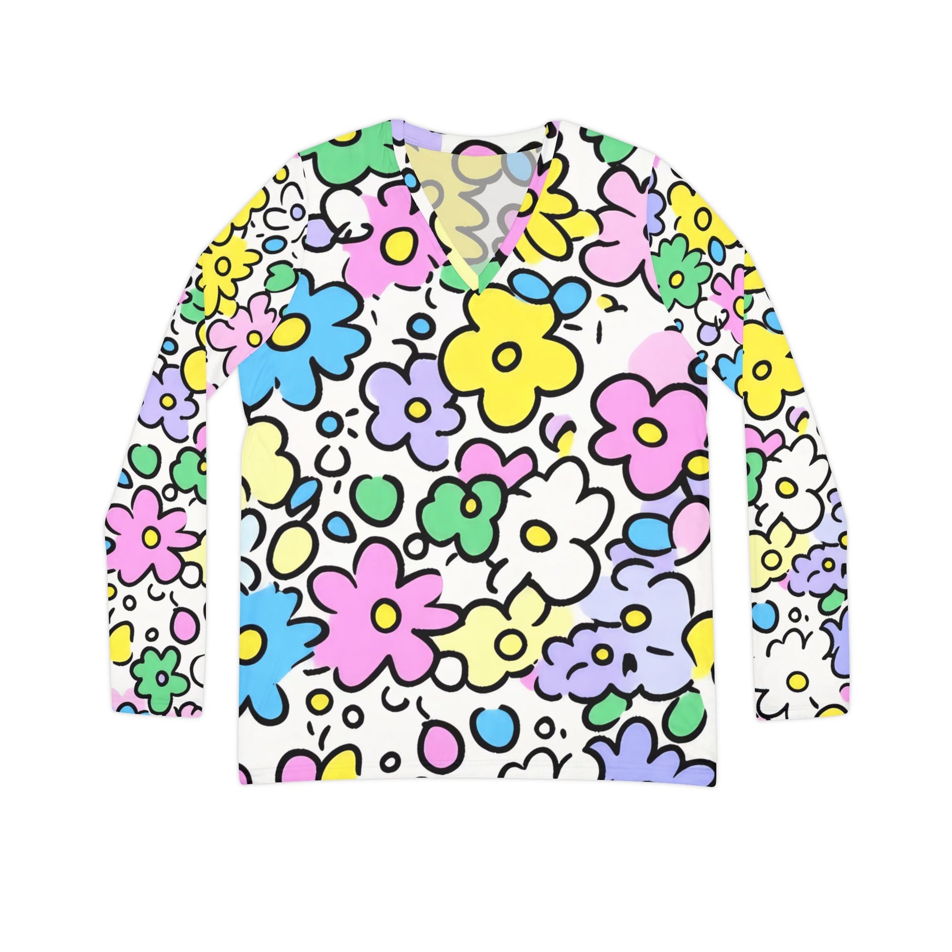 Colorful Floral V-Neck Long Sleeve Shirt, Artsulli - Art is Long, Life is Short, All Over Prints, Size, XS, , , , , 19831202043855601917