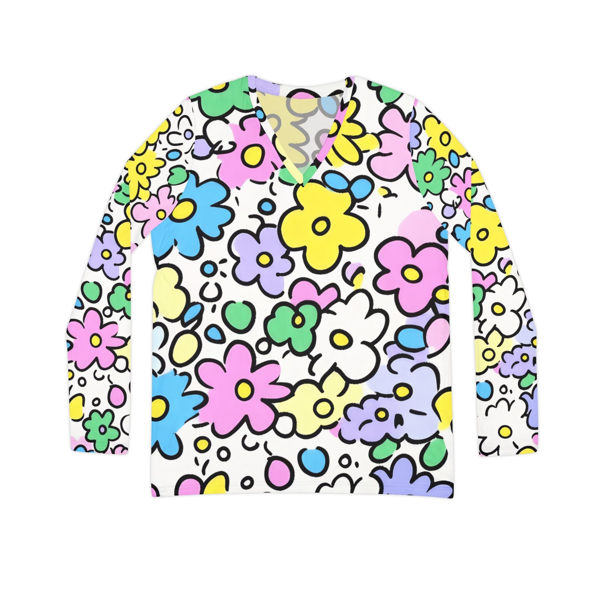 Printify Colorful Floral V-Neck Long Sleeve Shirt 2025