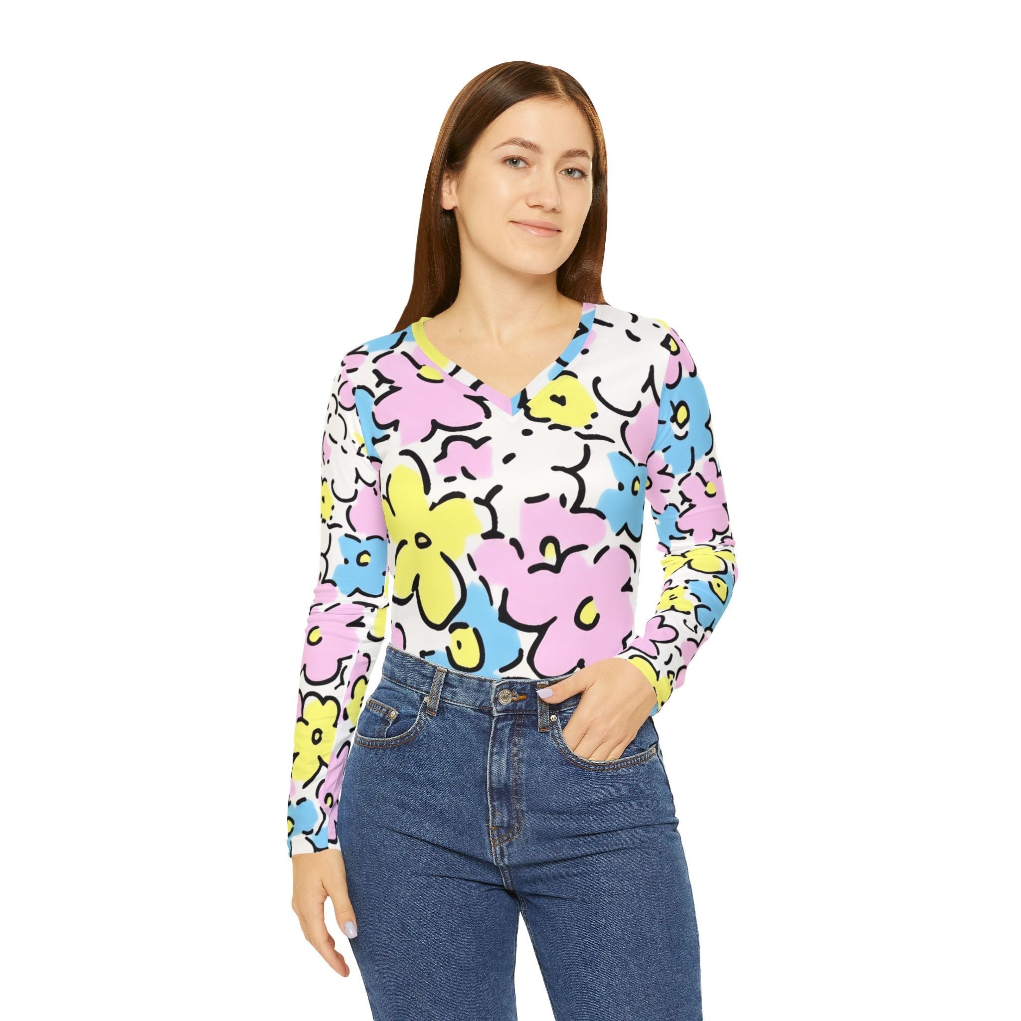 Colorful Floral V-Neck Long Sleeve Top, Artsulli - Art is Long, Life is Short, All Over Prints, , , , , , , 