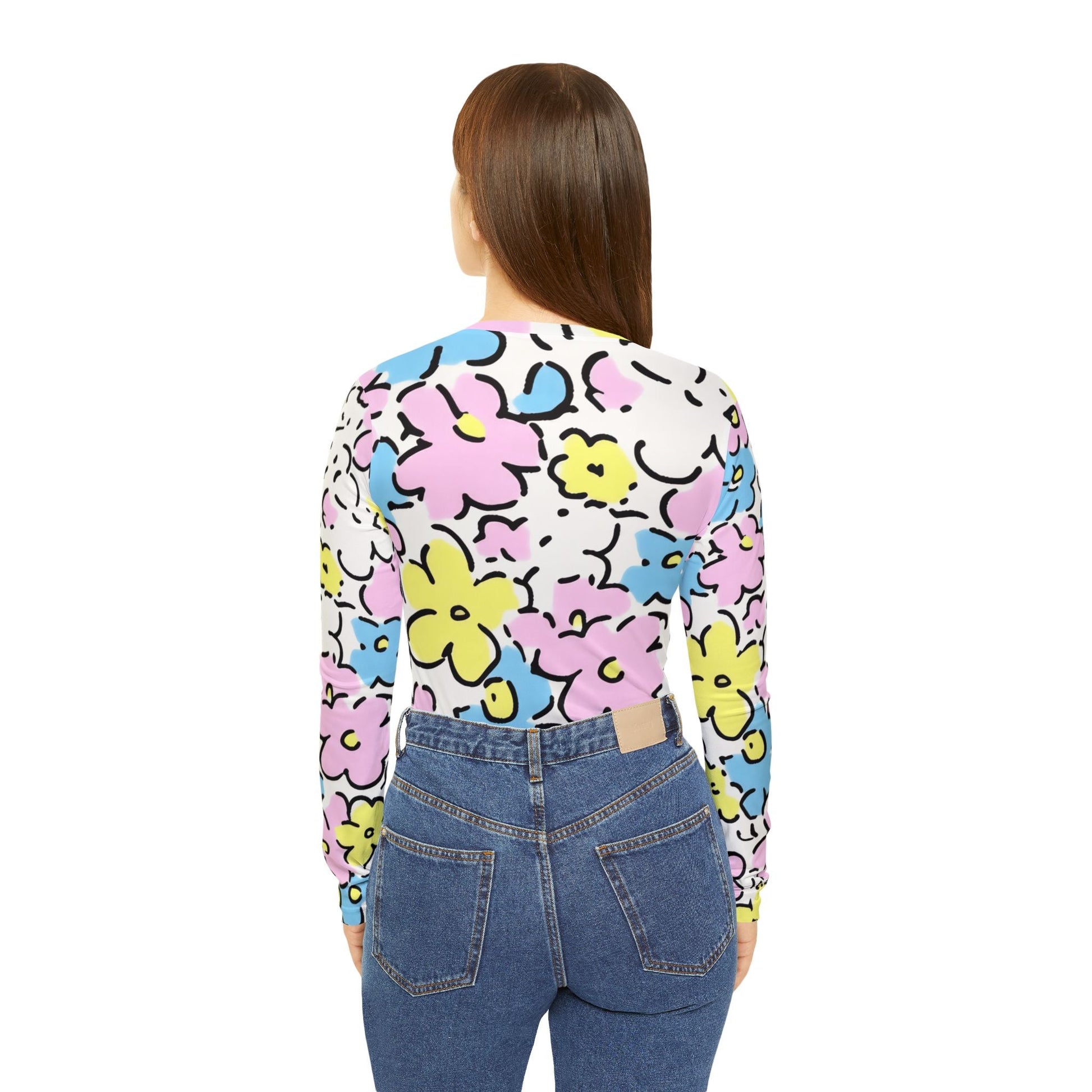 Colorful Floral V-Neck Long Sleeve Top, Artsulli - Art is Long, Life is Short, All Over Prints, , , , , , , 