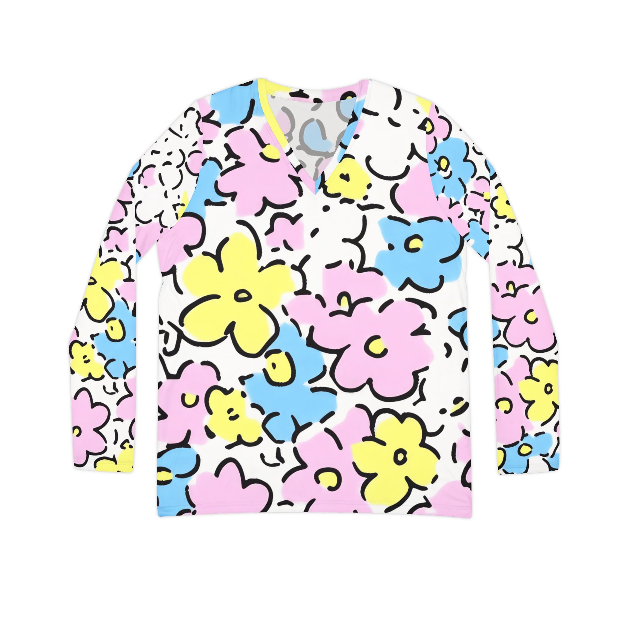 Printify Colorful Floral V-Neck Long Sleeve Top 2025