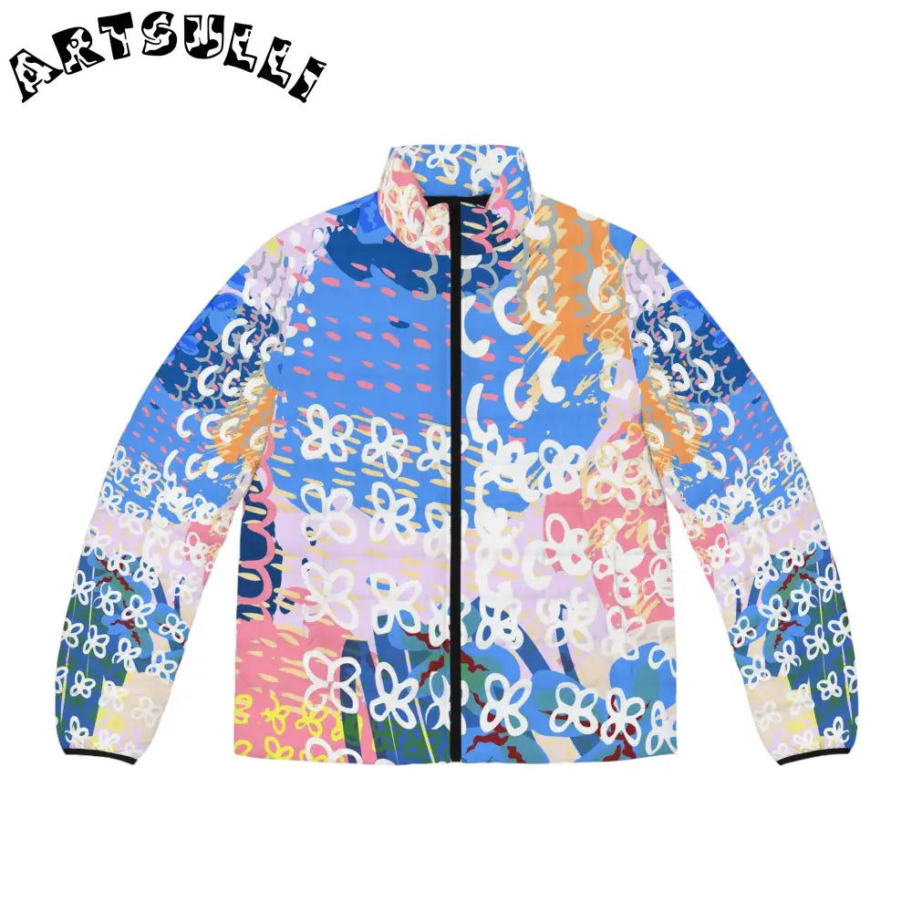 Colorful Flowers x Doodles Puffer Jacket, Artsulli - Art is Long, Life is Short, All Over Prints, Size, S, Color, Black zipper, , , 20055475957403601980